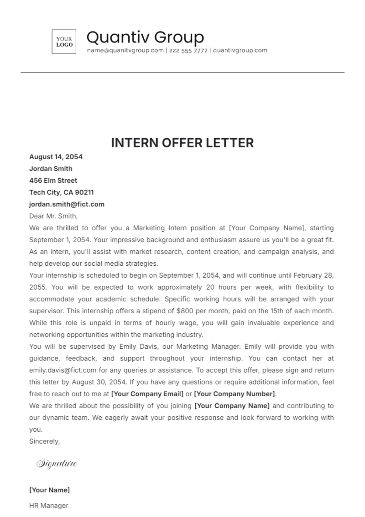 Intern Offer Letter Template - Edit Online & Download