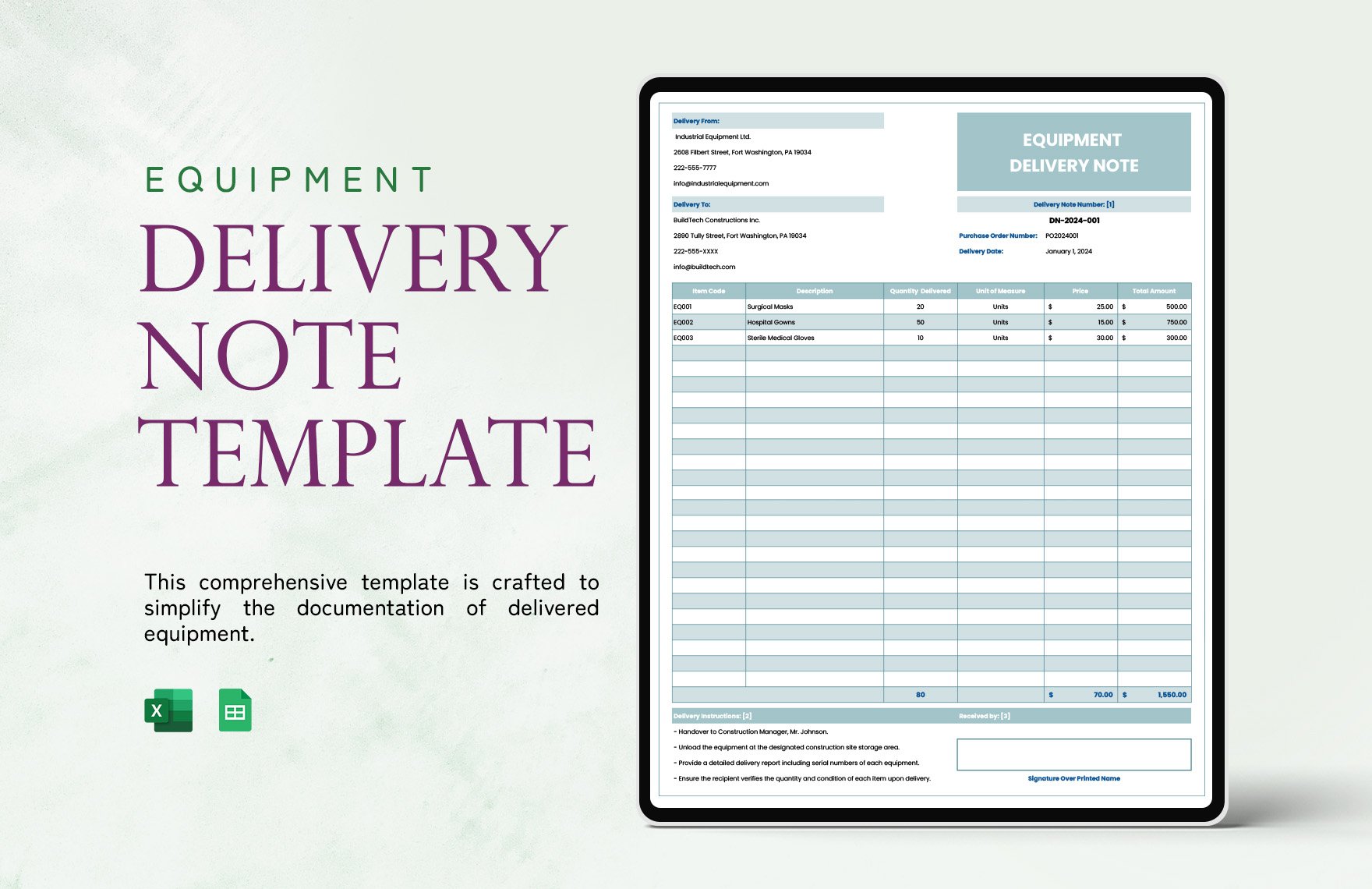 Equipment Delivery Note Template