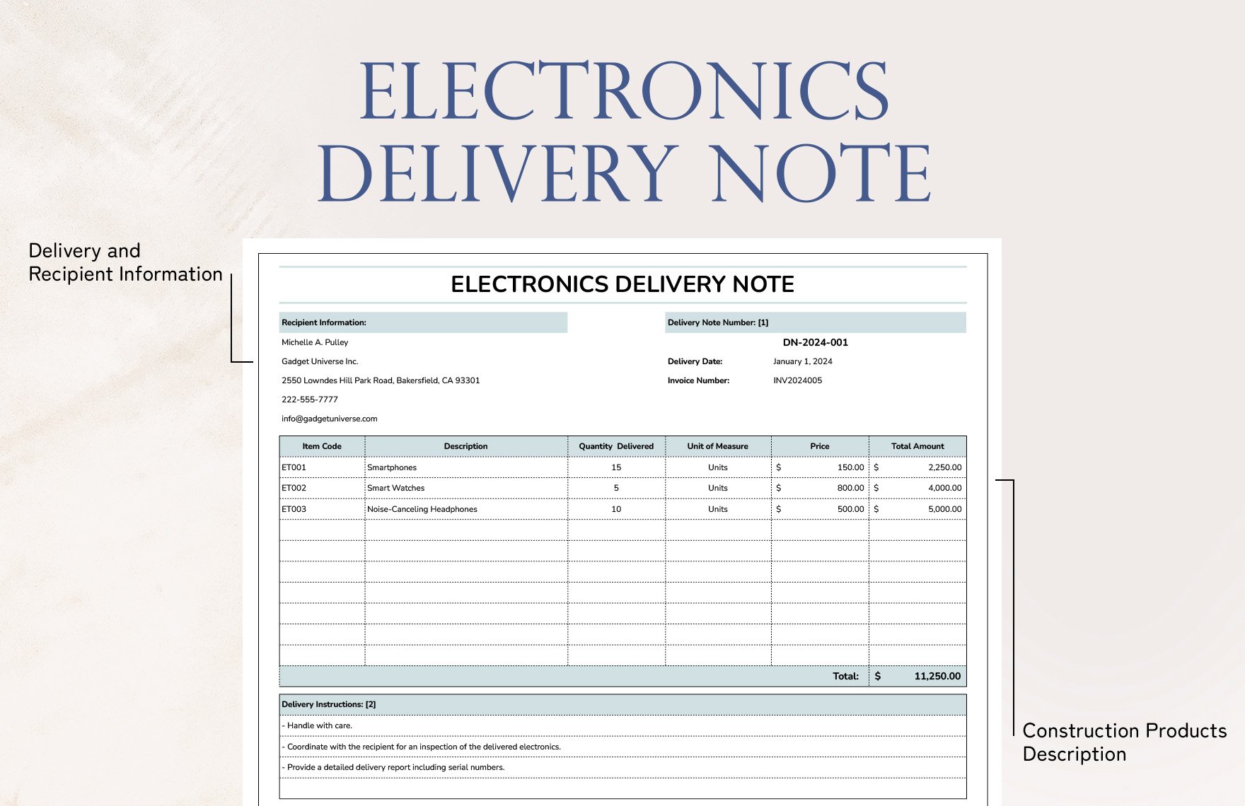 Electronics Delivery Note Template
