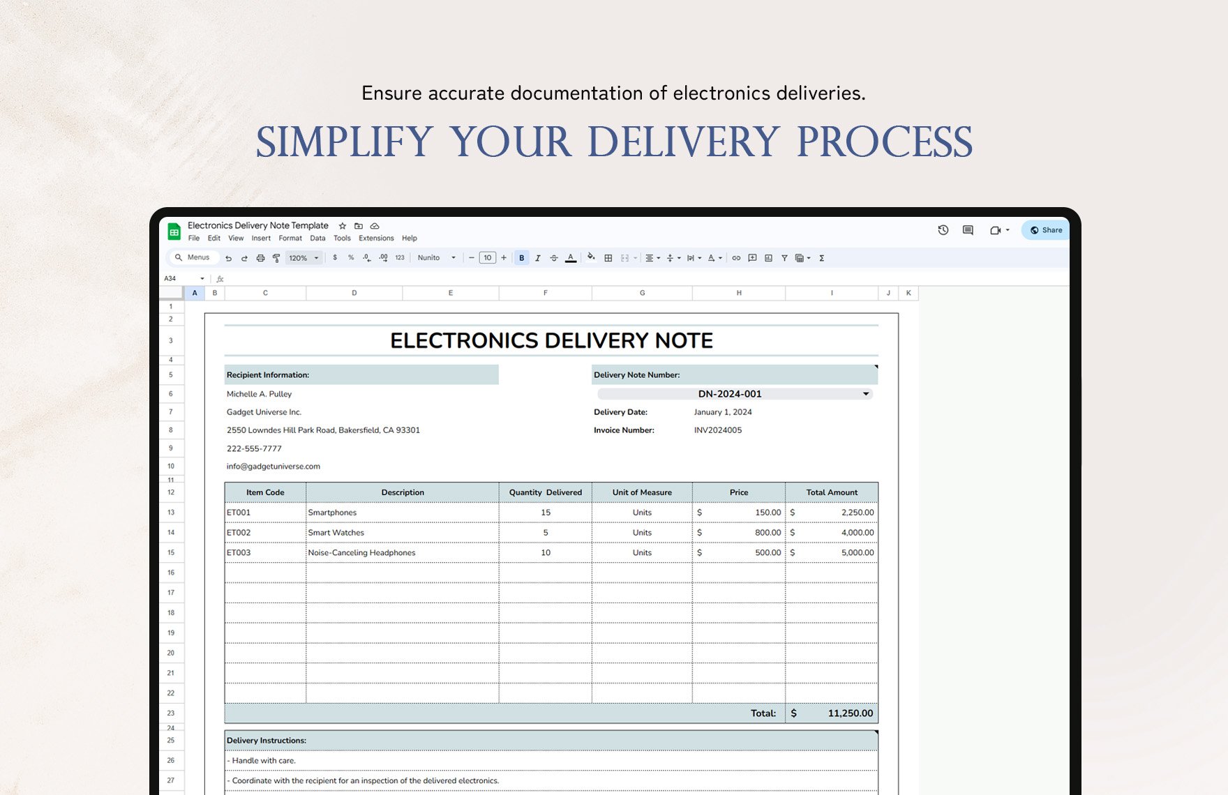 Electronics Delivery Note Template