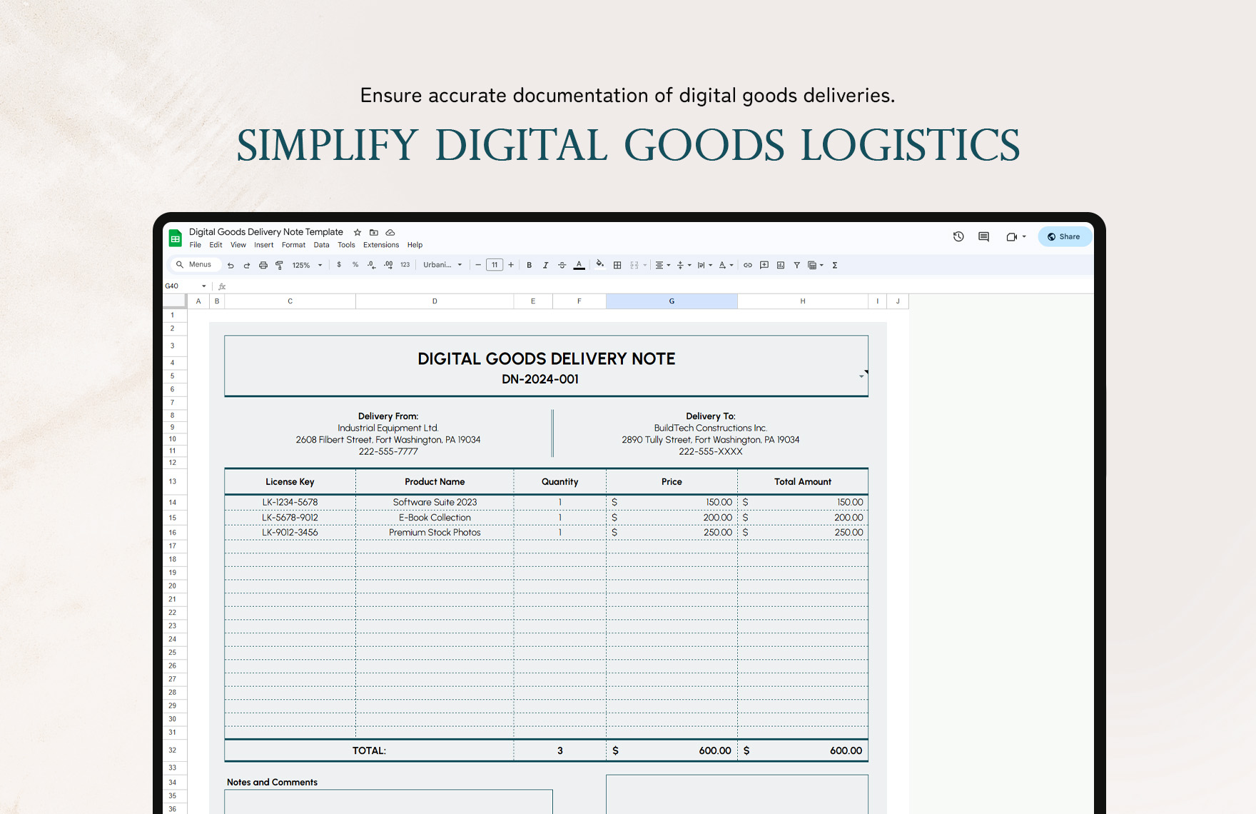 Digital Goods Delivery Note Template