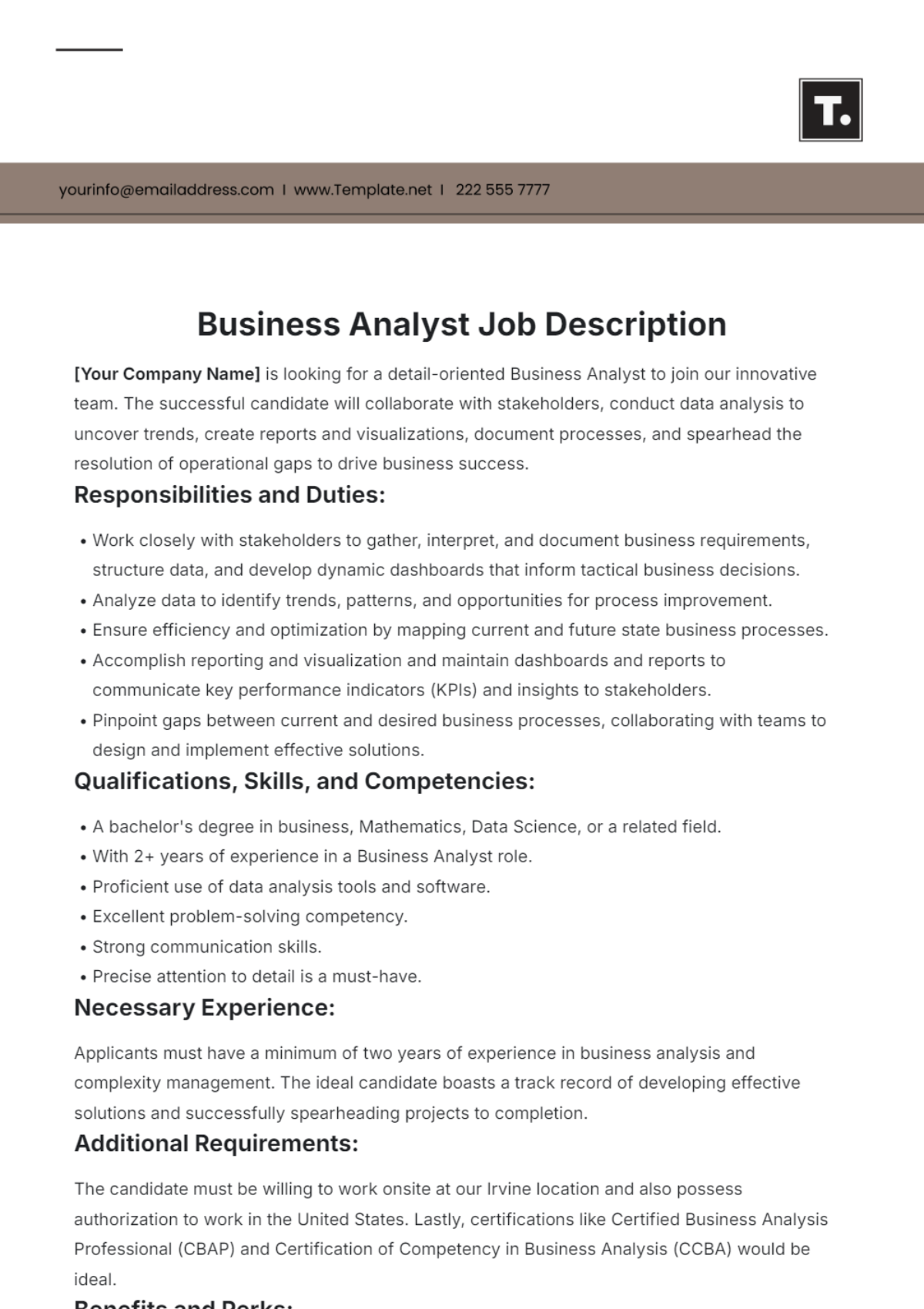 Business Analyst Job Description Template