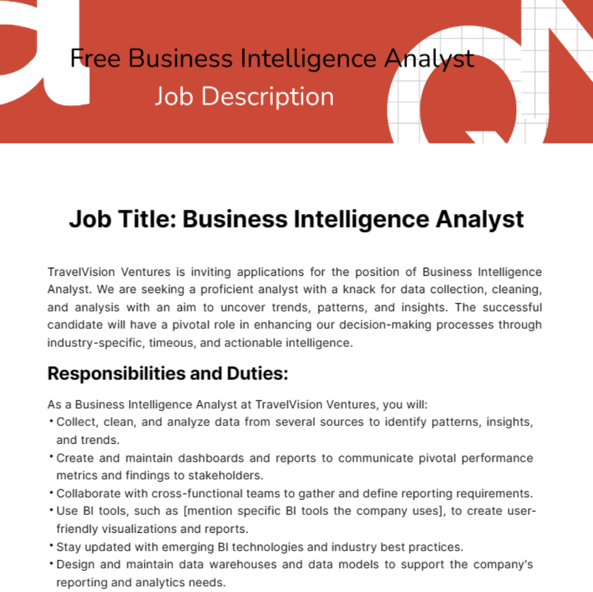 Business Intelligence Analyst Job Description Template