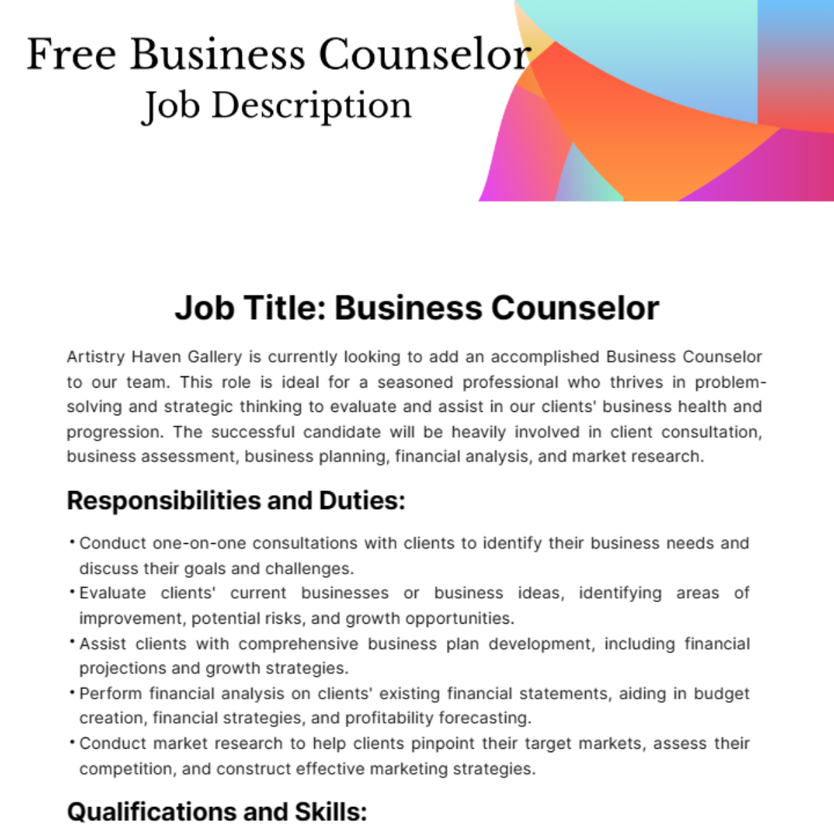 Business Counselor Job Description Template