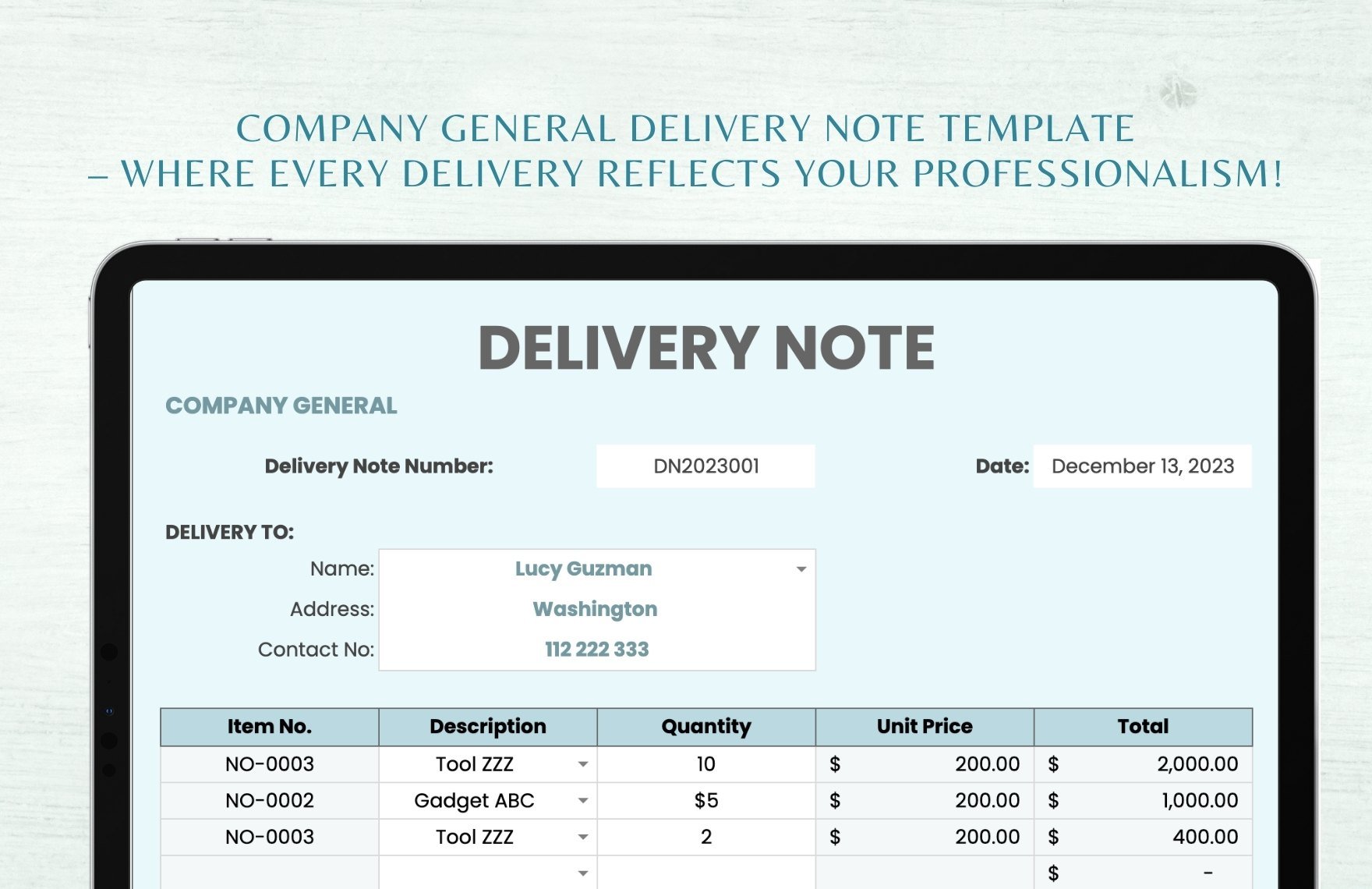 Company General Delivery Note Template