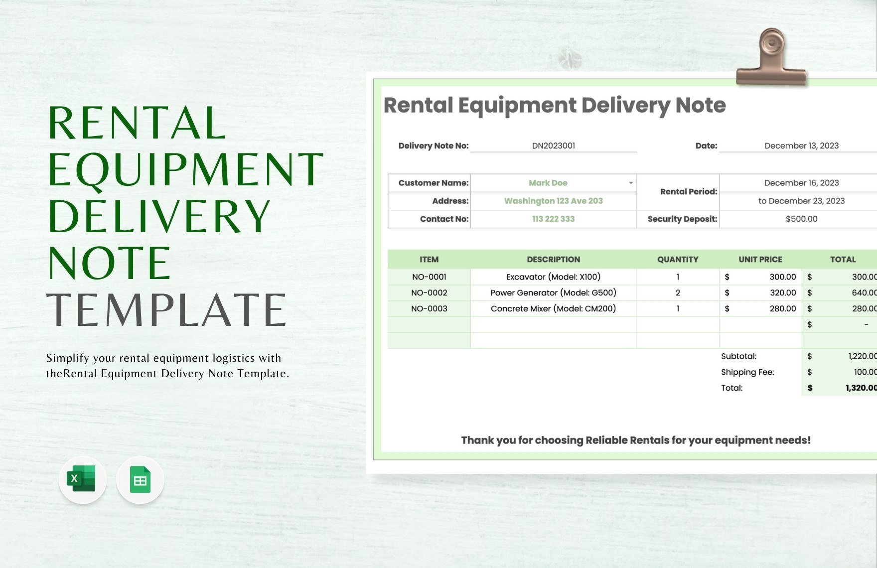Rental Equipment Delivery Note Template