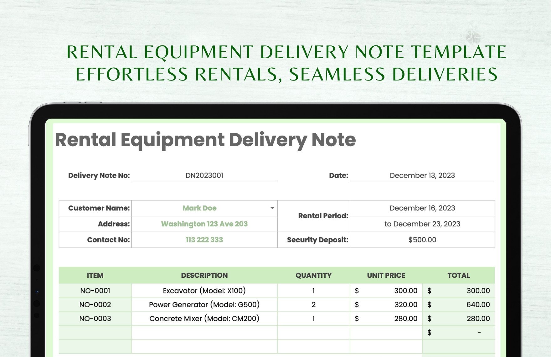Rental Equipment Delivery Note Template