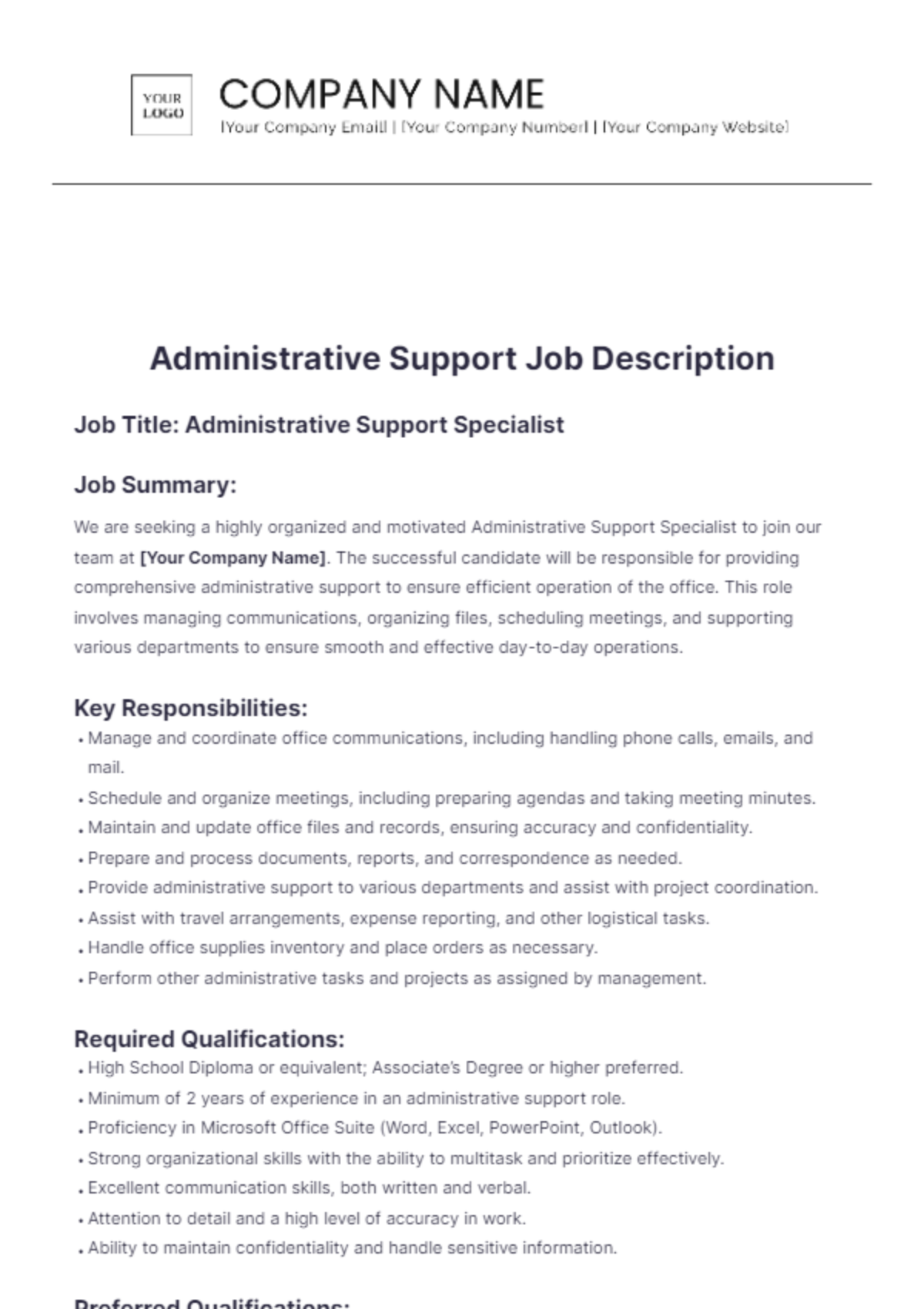 Administrative Support Job Description Template - Edit Online & Download