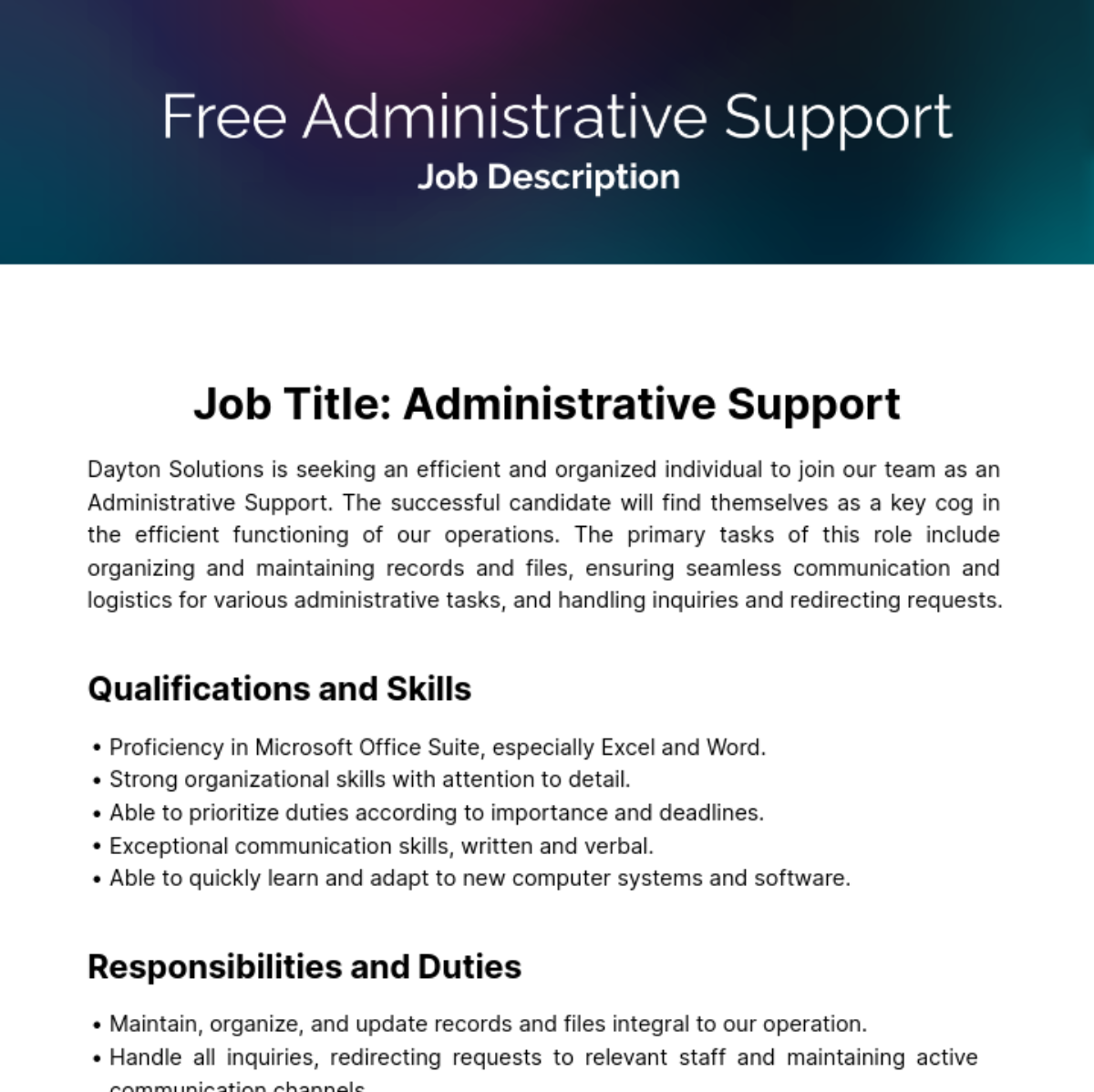 Administrative Support Job Description Template
