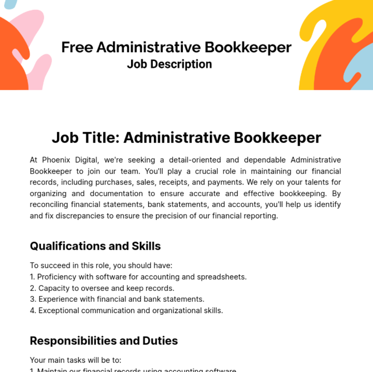 Administrative bookkeeper Job Description Template