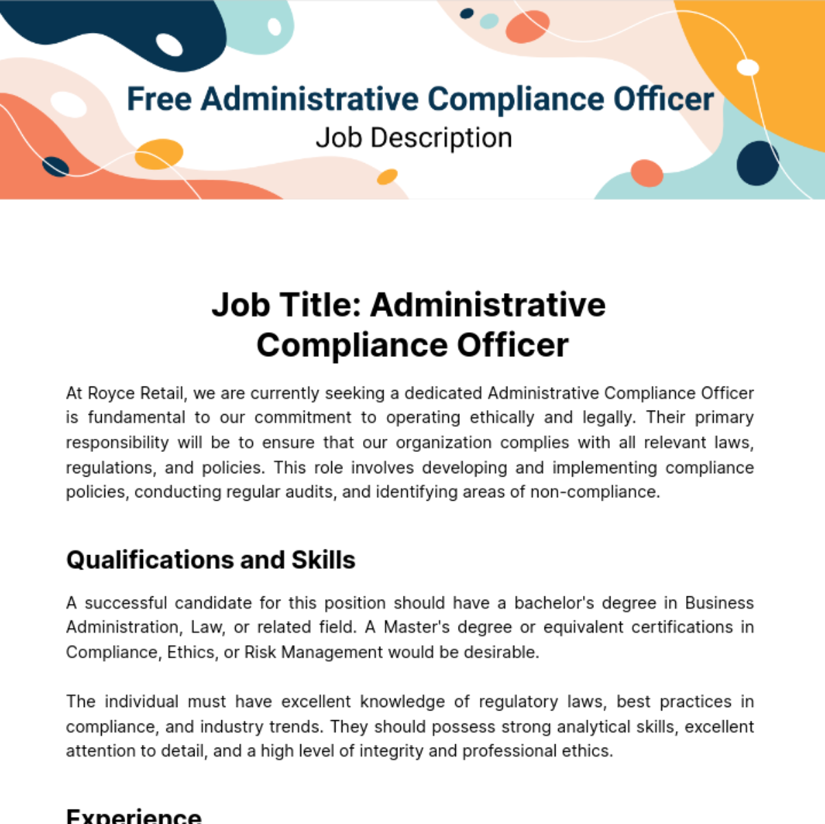 Administrative Compliance Officer Job Description Template