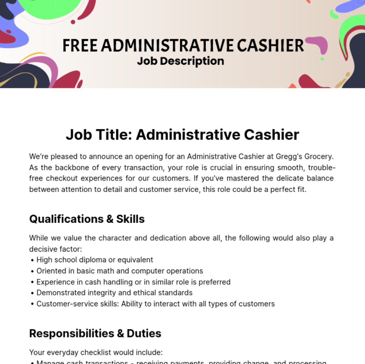 Administrative Cashier Job Description Template