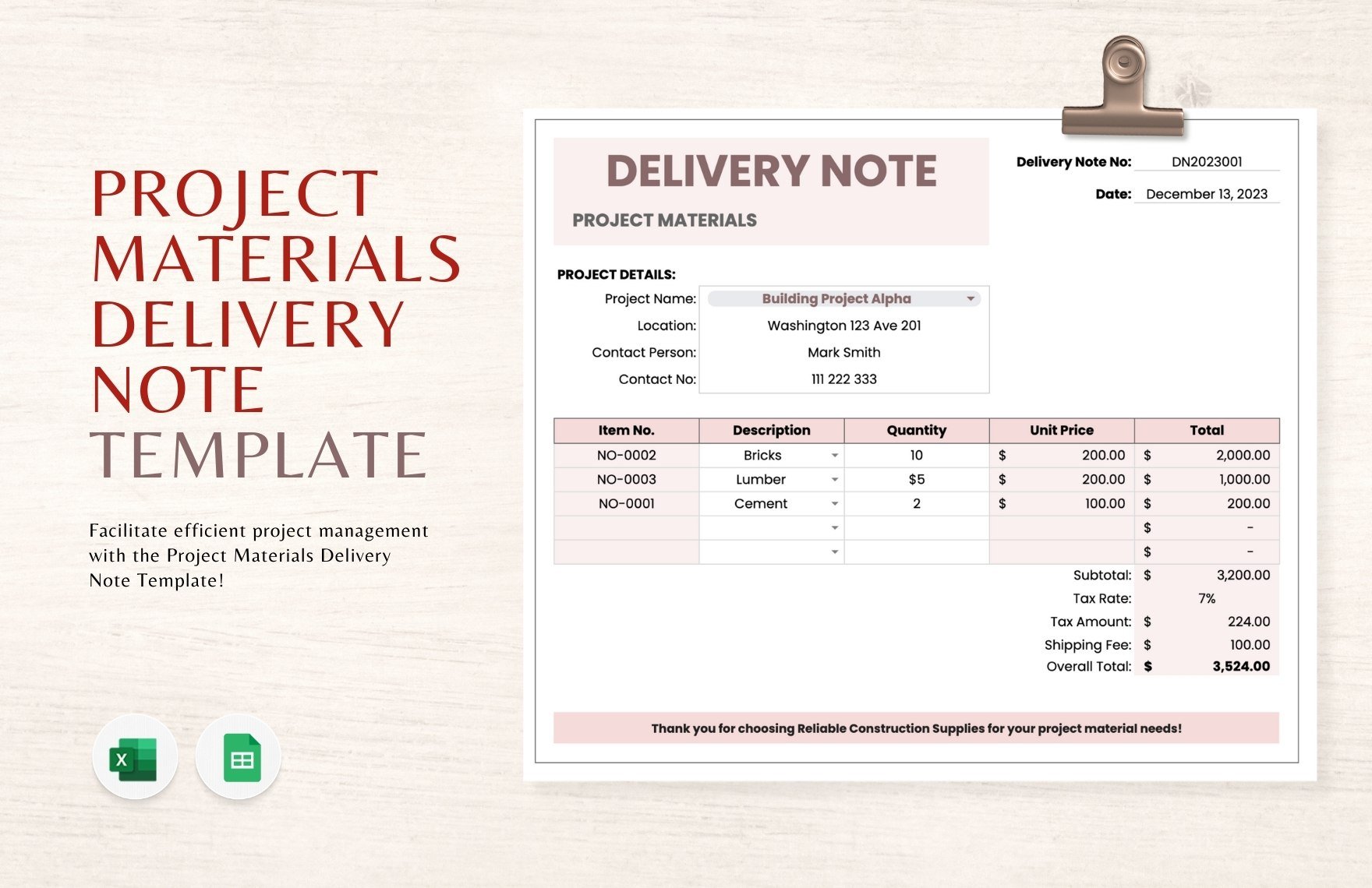 Project Materials Delivery Note Template