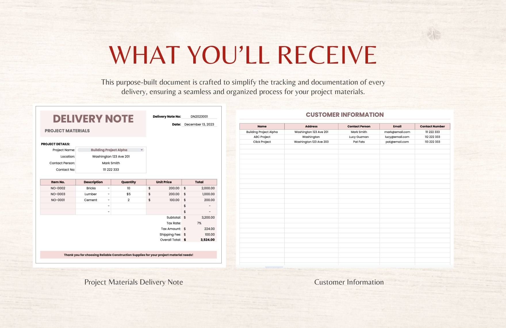 Project Materials Delivery Note Template