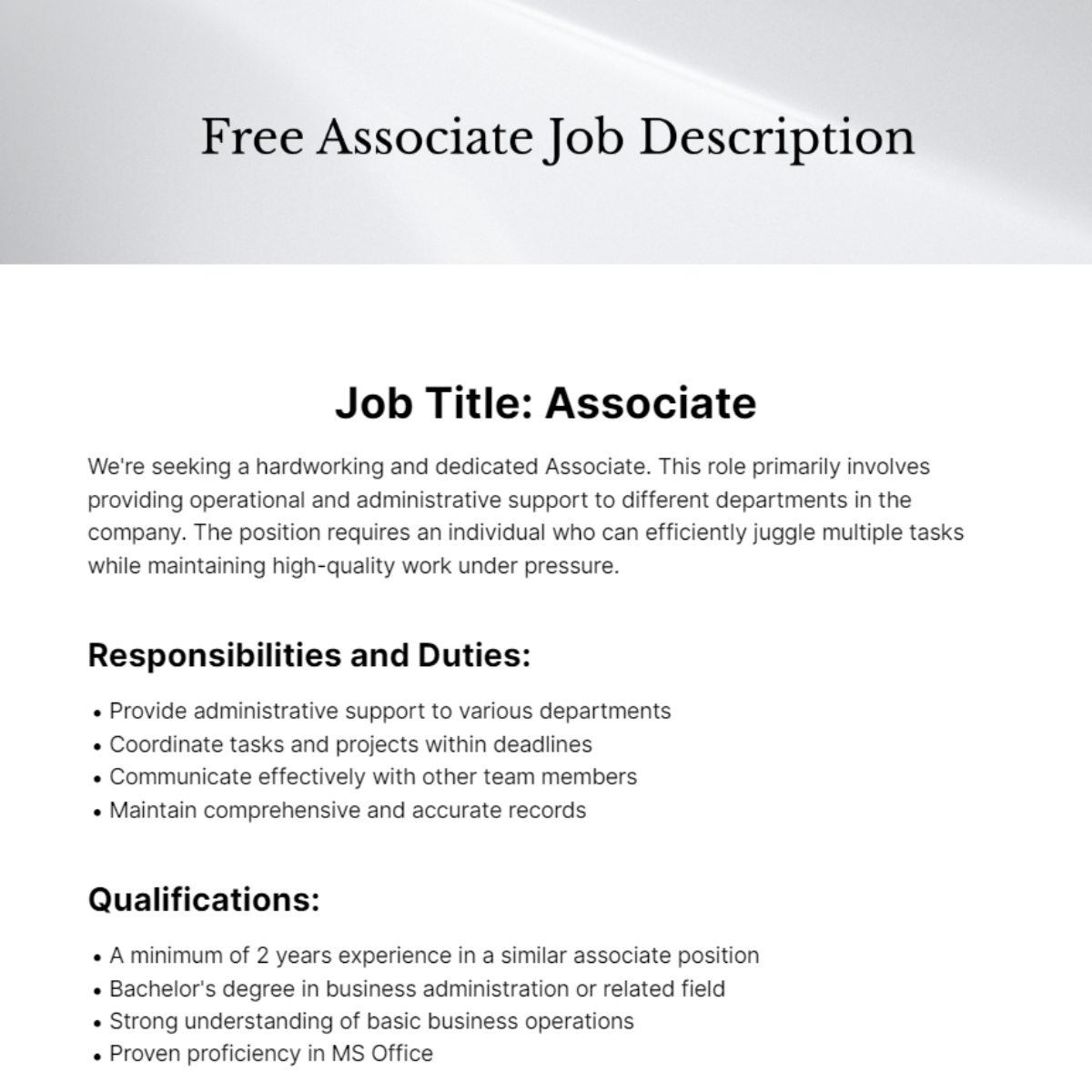Free Associate Job Description Template