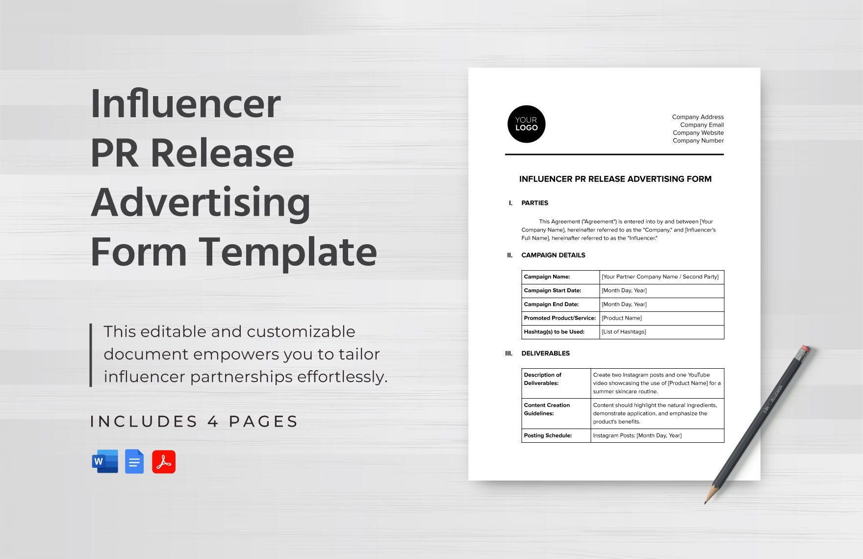 Influencer PR Release Advertising Form Template