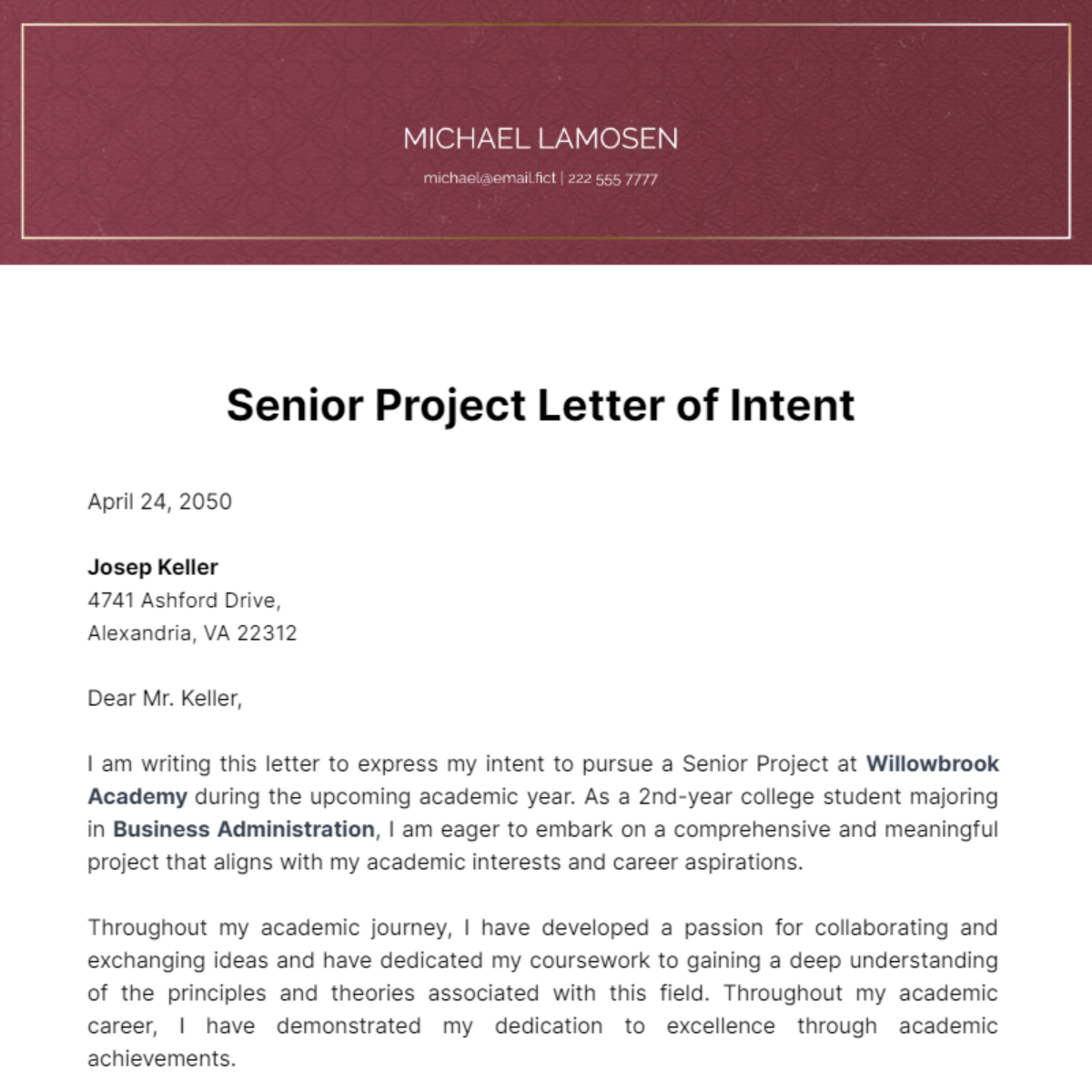 Senior Project Letter of Intent Template