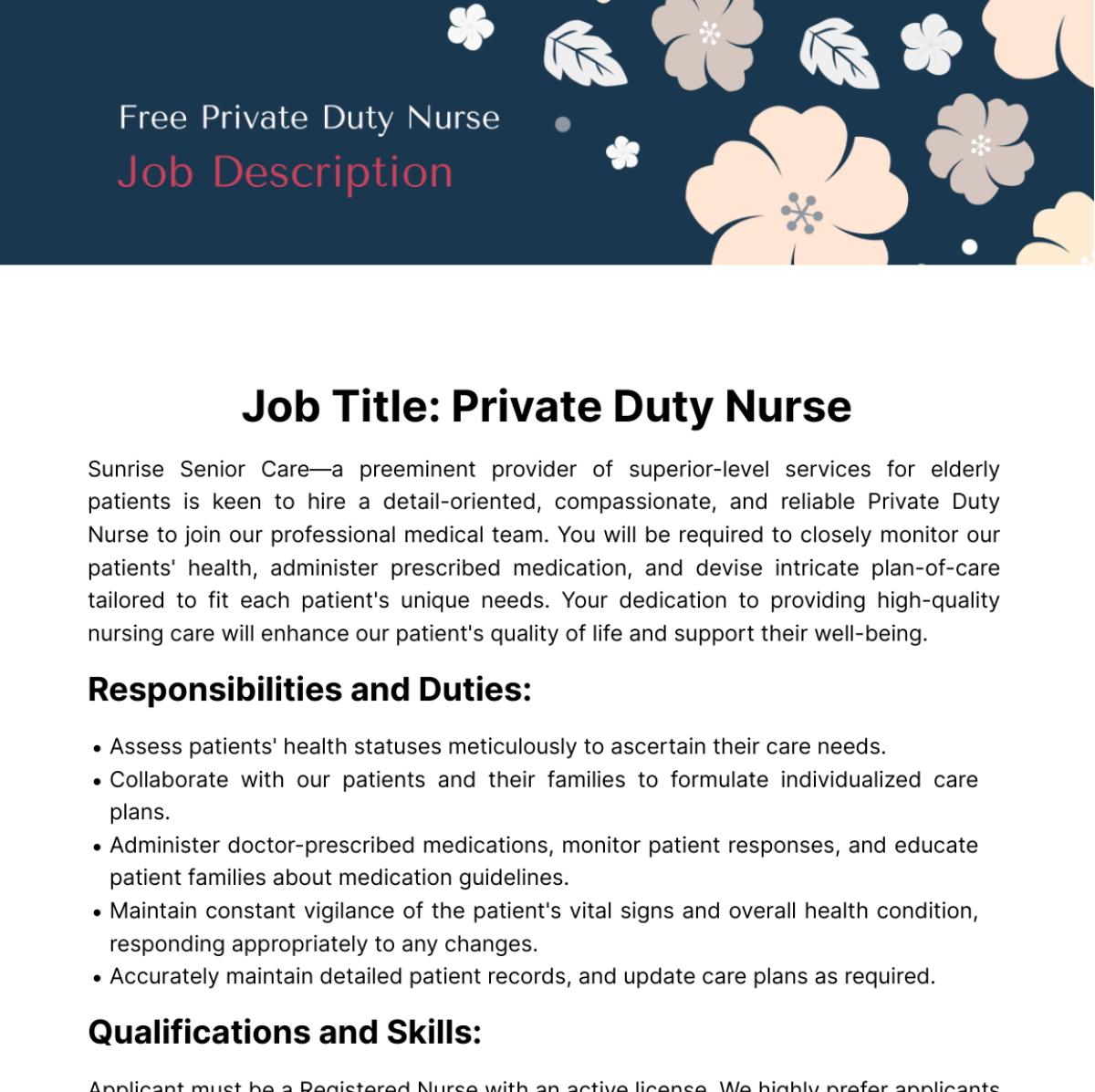 Free Private Duty Nurse Job Description Template
