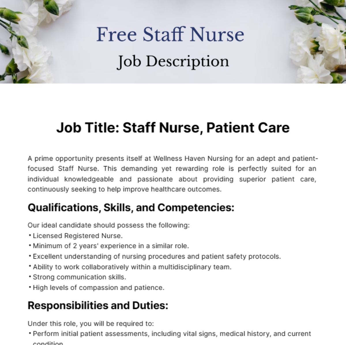 Staff Nurse Job Description Template