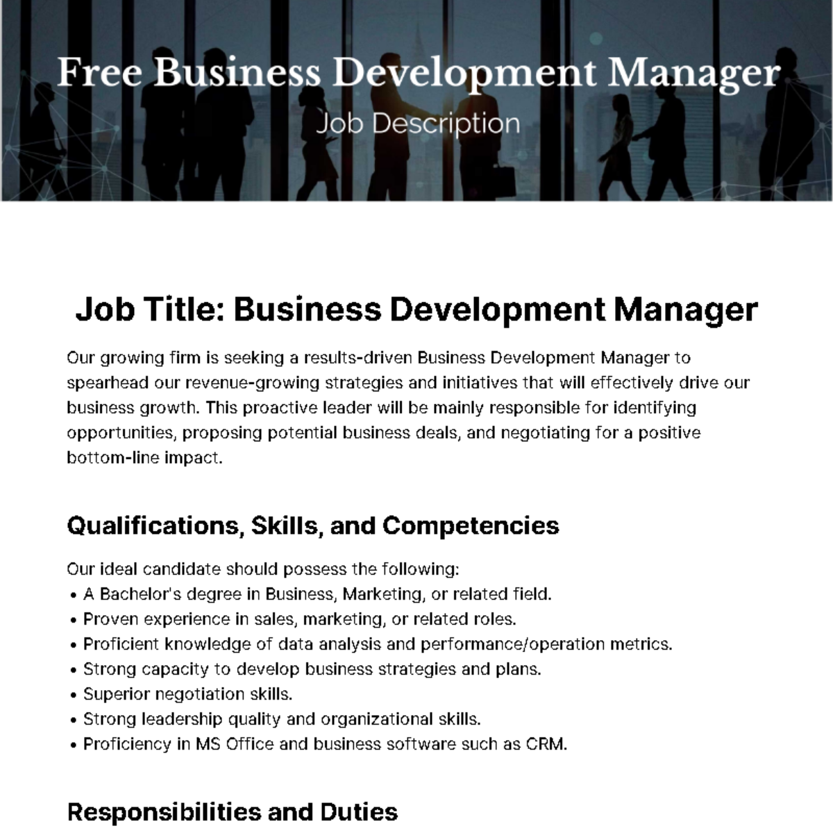 Free Business Development Manager Job Description Template