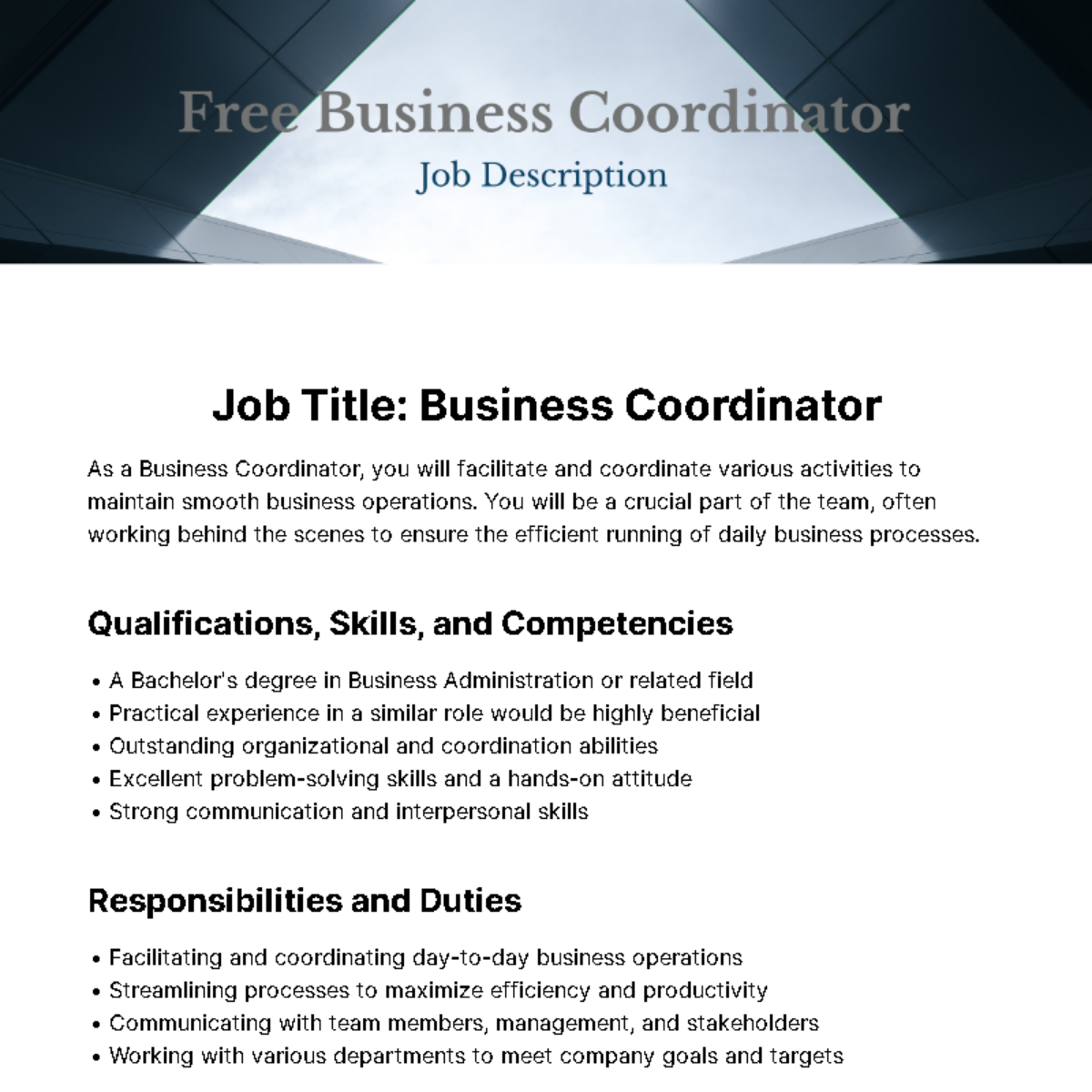 Free Business Coordinator Job Description Template