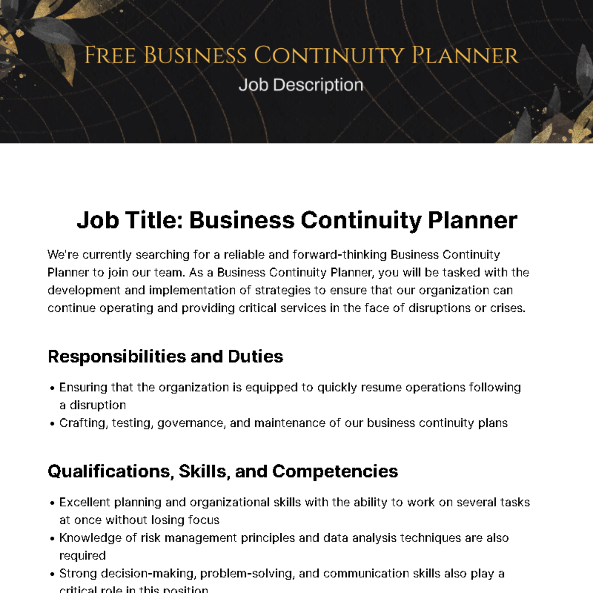 Free Business Continuity Planner Job Description Template