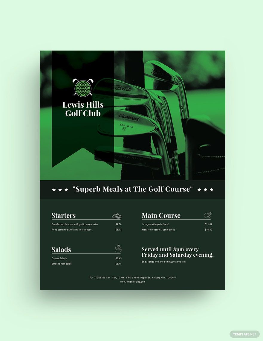 Golf Club Menu Flyer Template in Word, Illustrator, PSD, Apple Pages, Publisher, InDesign