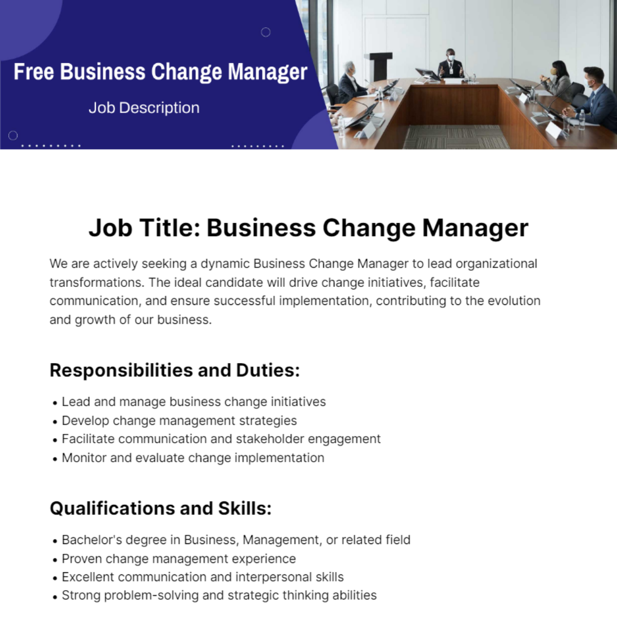 Free Business Change Manager Job Description Template