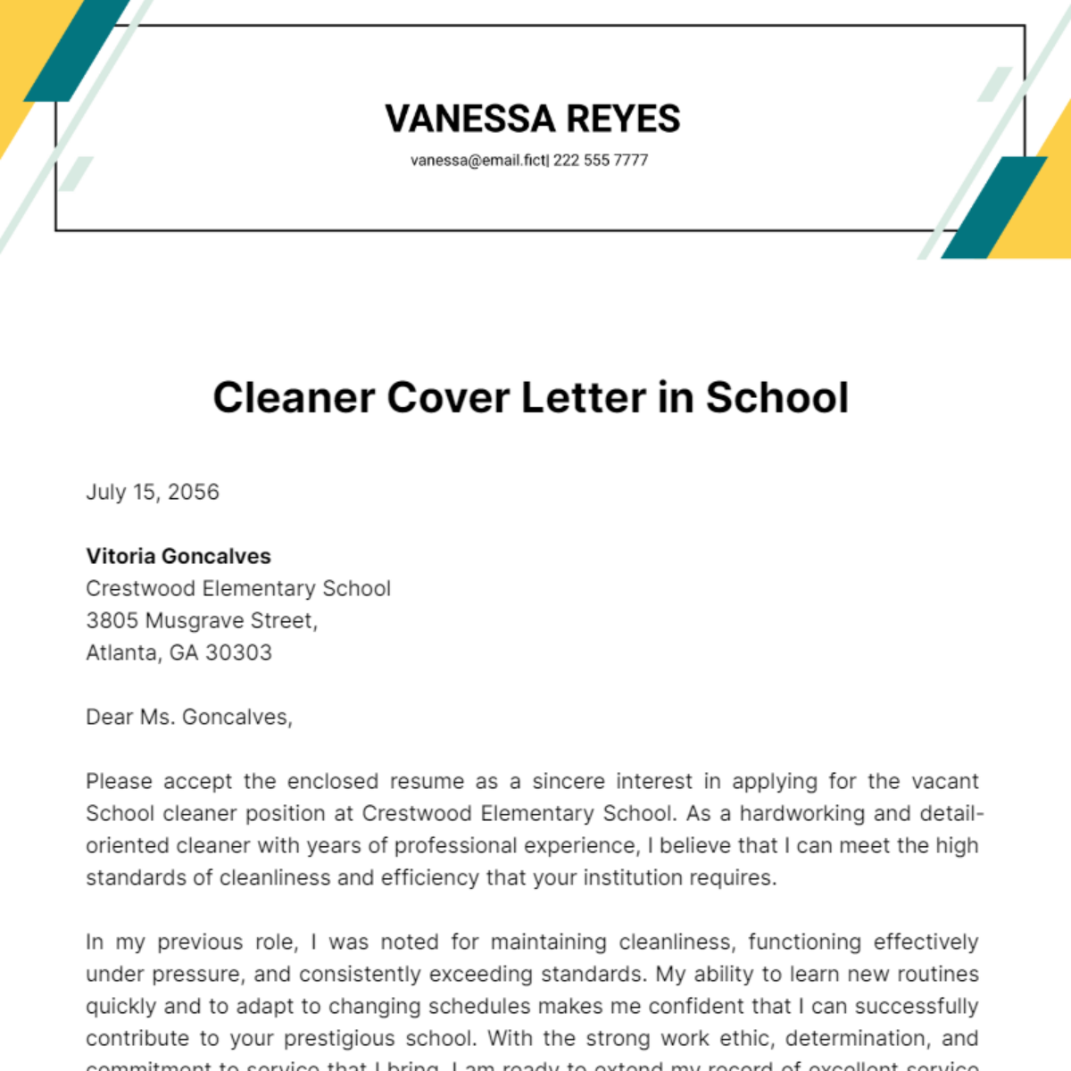 Cleaner Cover Letter in School Template