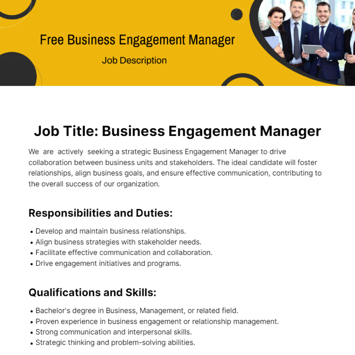 Free Business Engagement Manager Job Description Template