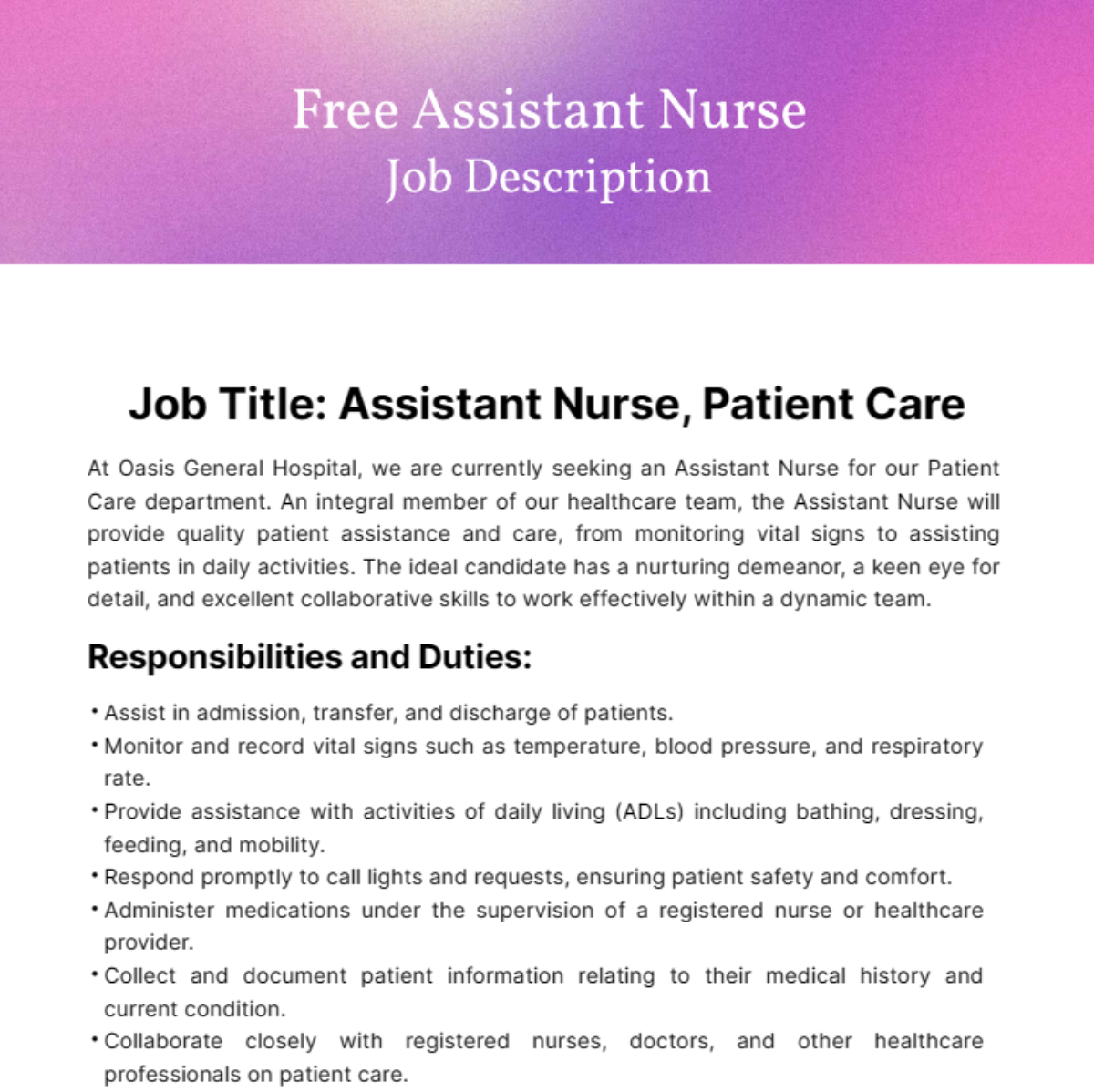 Free Assistant Nurse Job Description Template