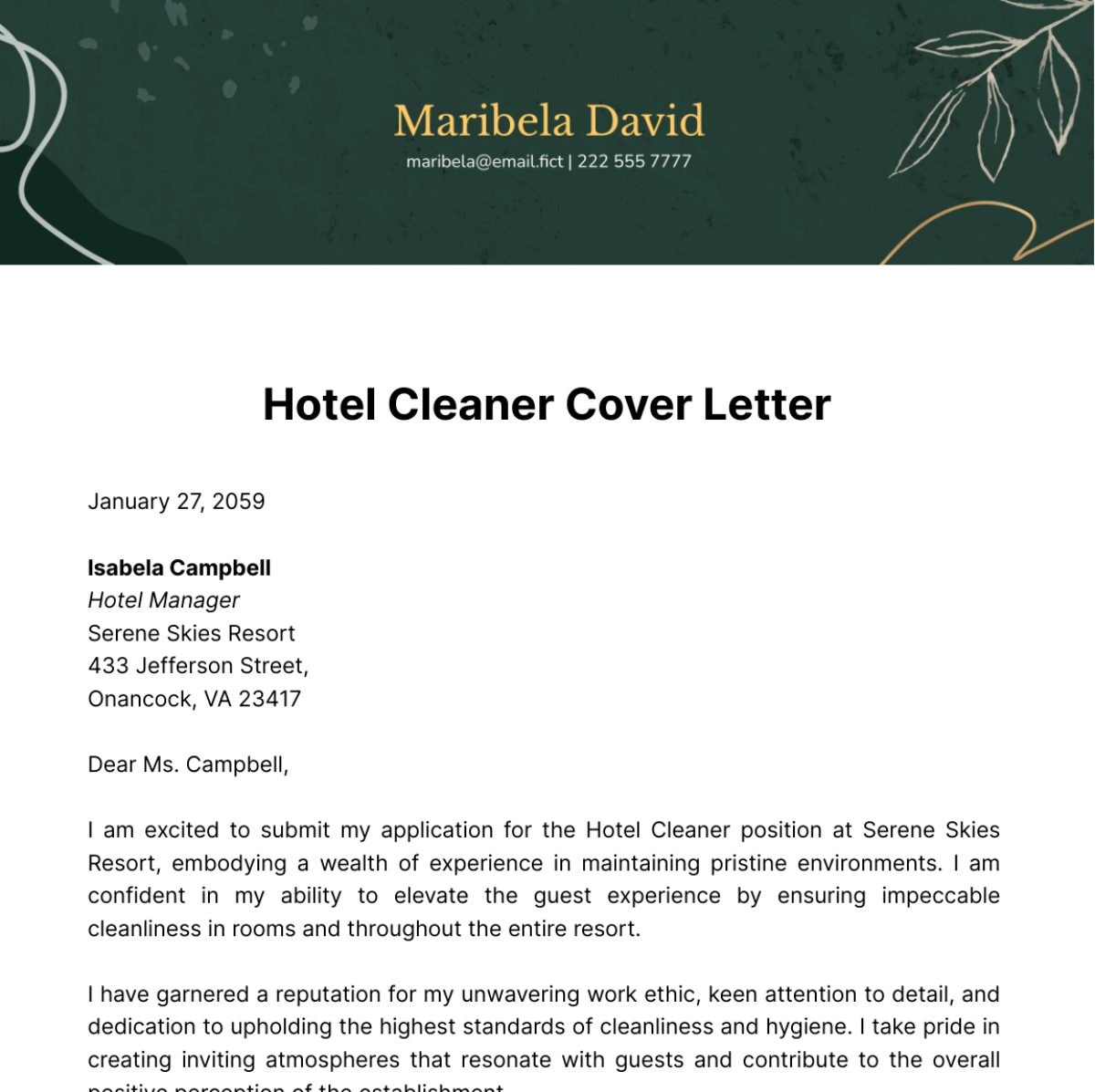Hotel Cleaner Cover Letter Template