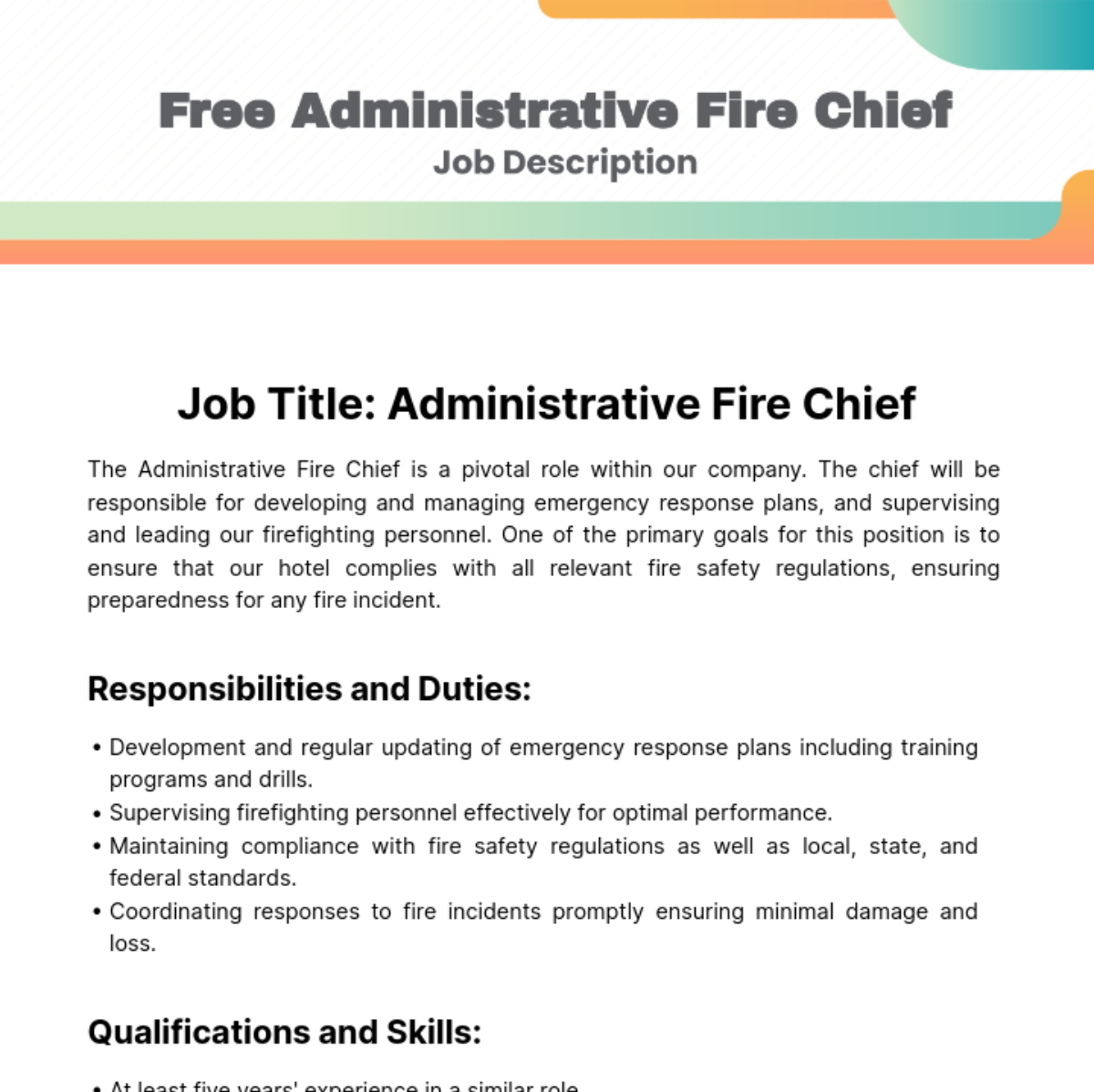 Free Administrative Fire Chief Job Description Template