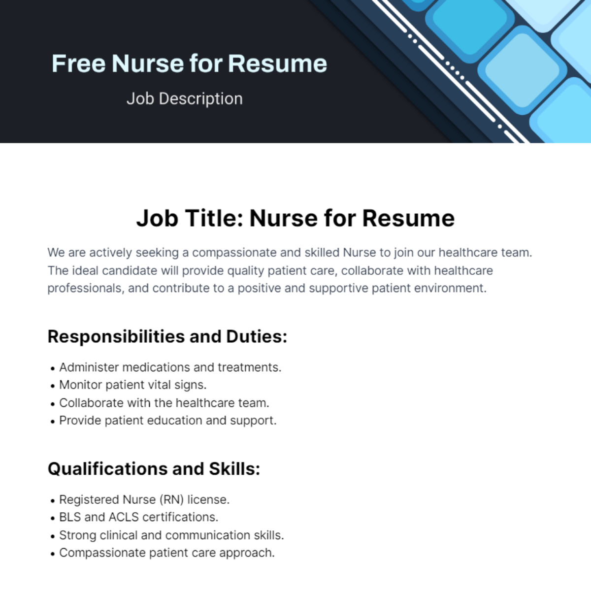 Free Nurse Job Description for Resume Template