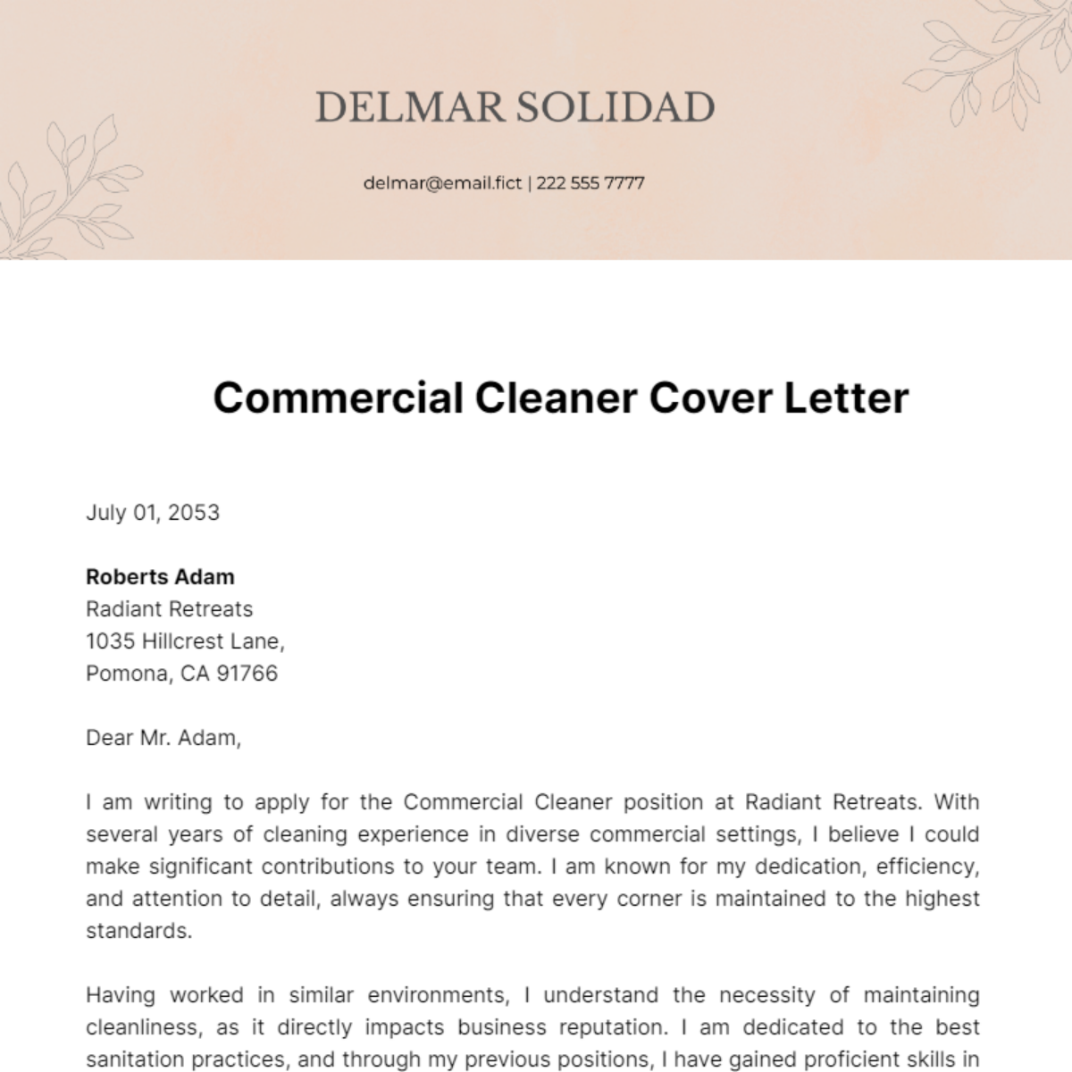 Commercial Cleaner Cover Letter Template