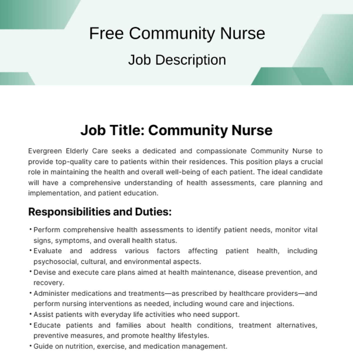 Community Nurse Job Description Template