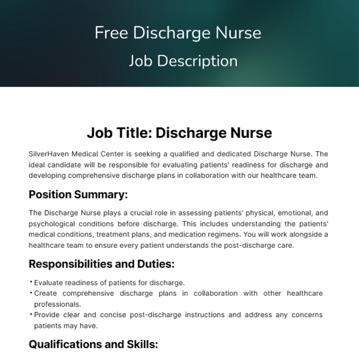Discharge Nurse Job Description Template