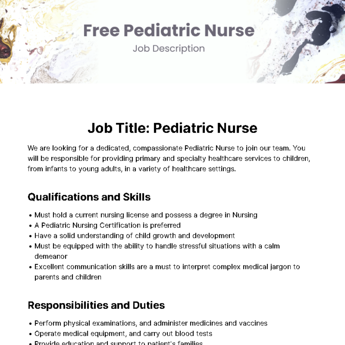 Free Pediatric Nurse Job Description Template