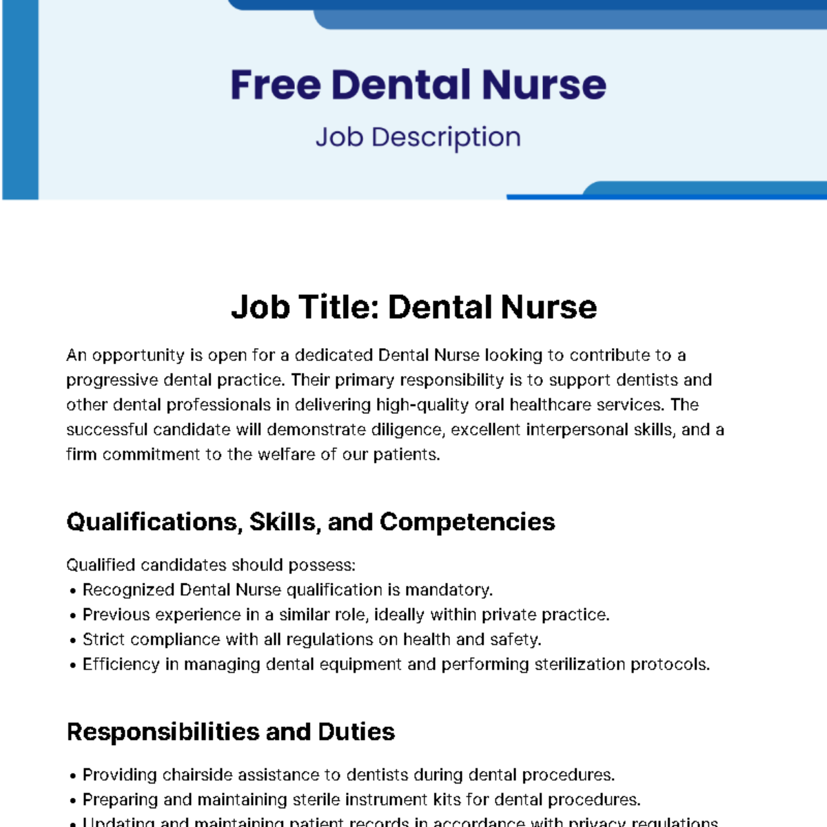 Dental Nurse Job Description Template