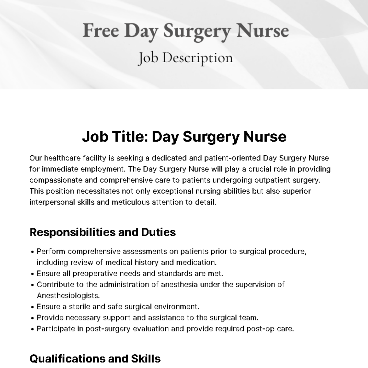 Free Day Surgery Nurse Job Description Template