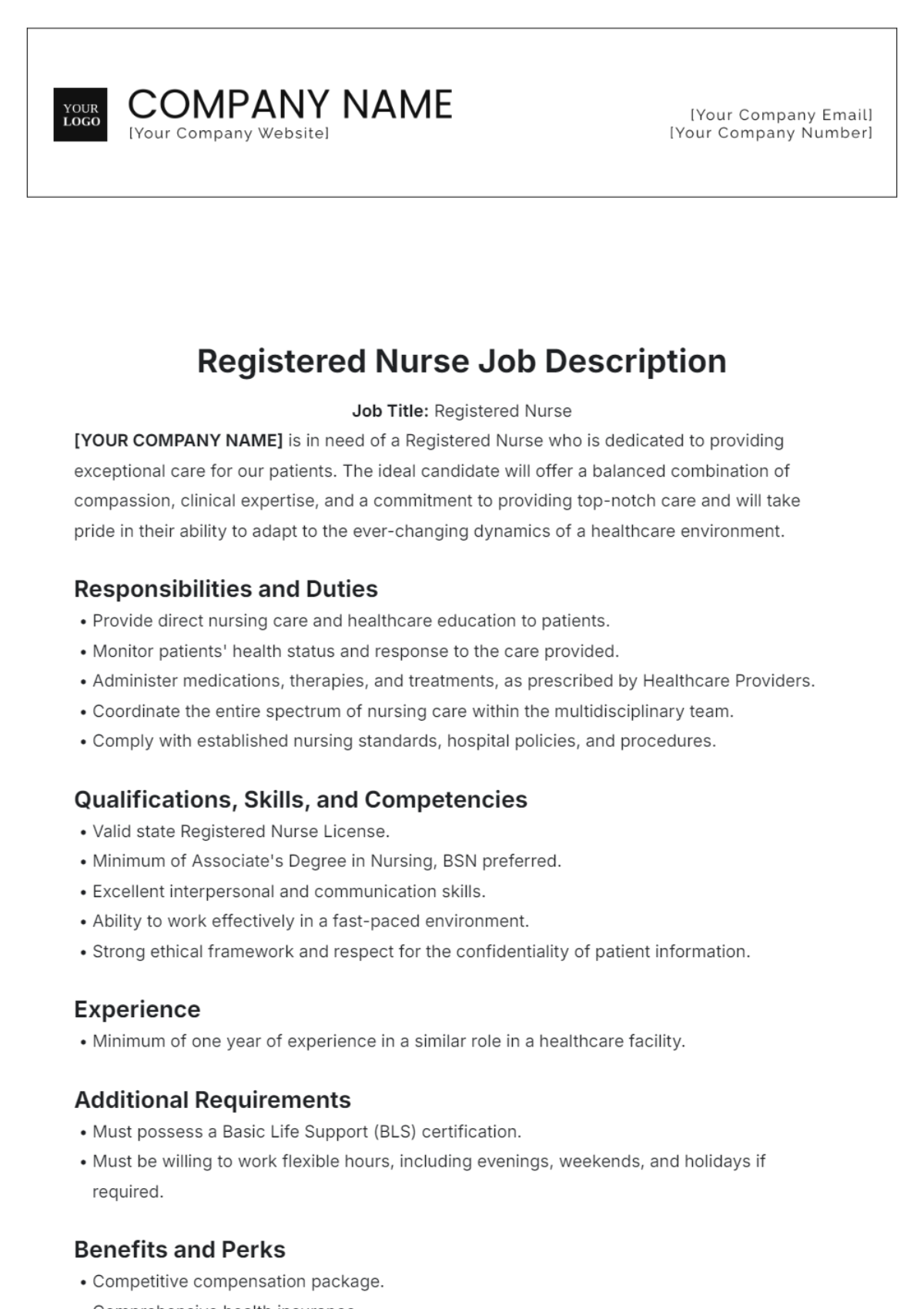 Registered Nurse Job Description Template - Edit Online & Download