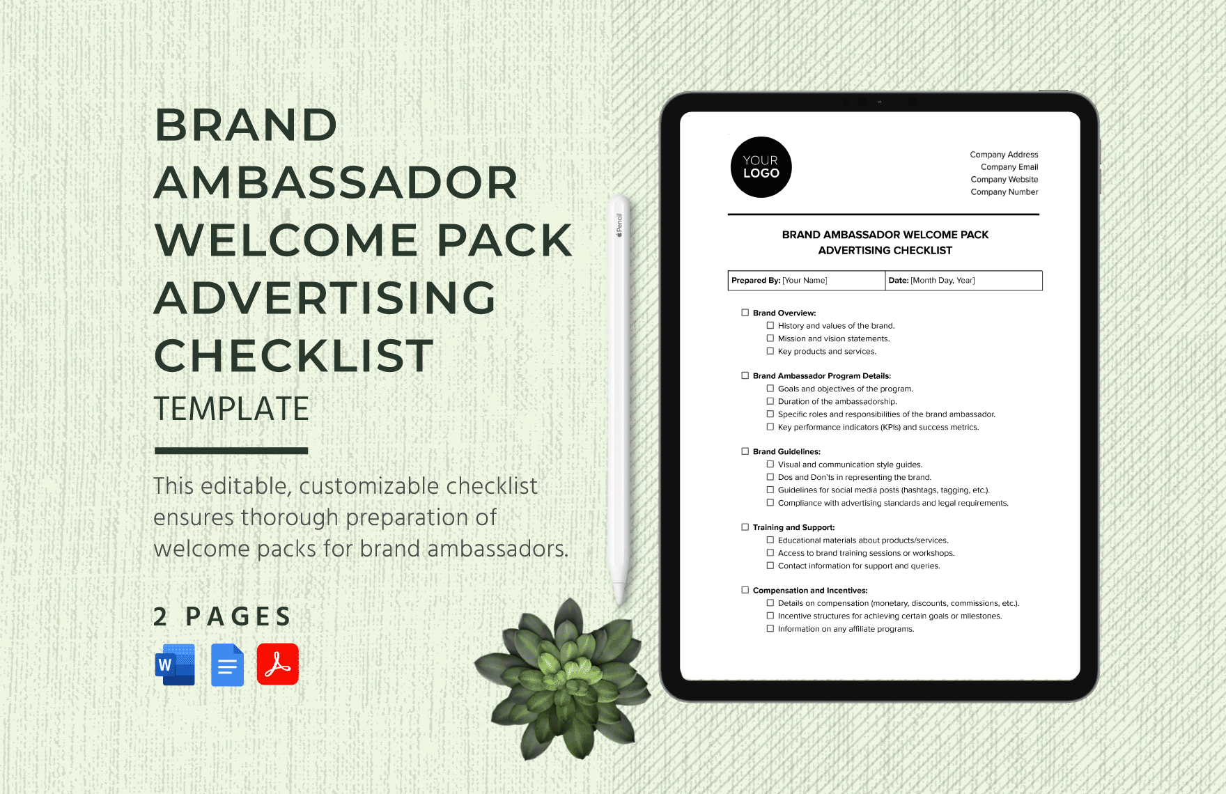 Brand Ambassador Welcome Pack Advertising Checklist Template in Word, Google Docs, PDF