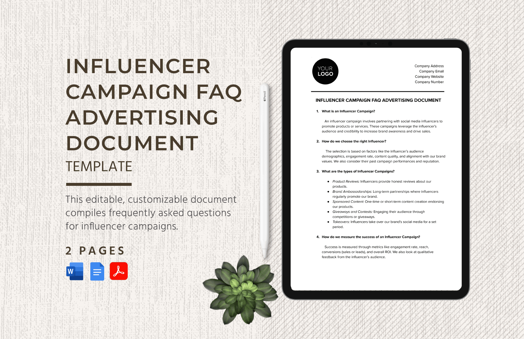 Influencer Campaign FAQ Advertising Document Template in Word, Google Docs, PDF