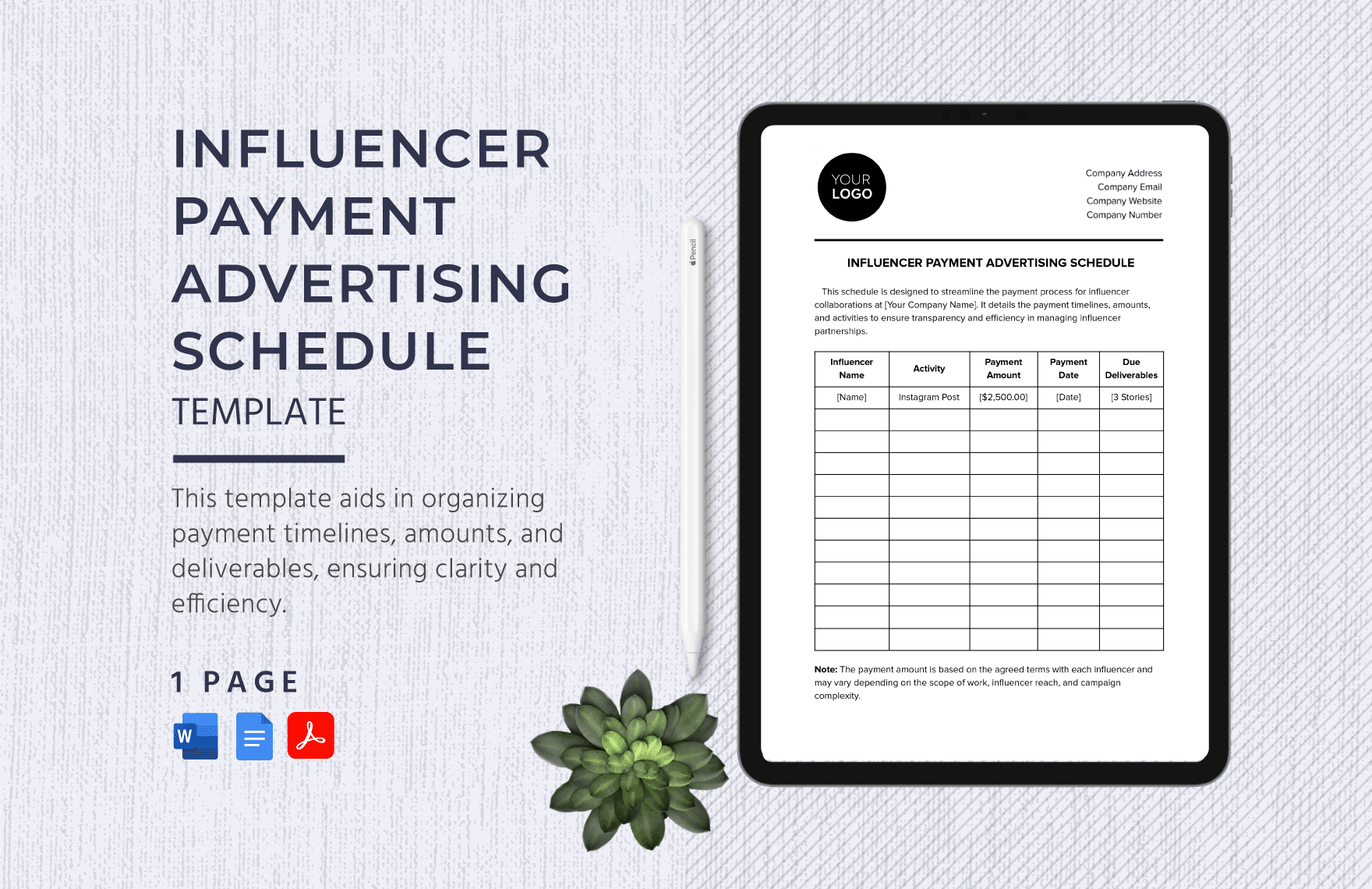 Influencer Payment Advertising Schedule Template