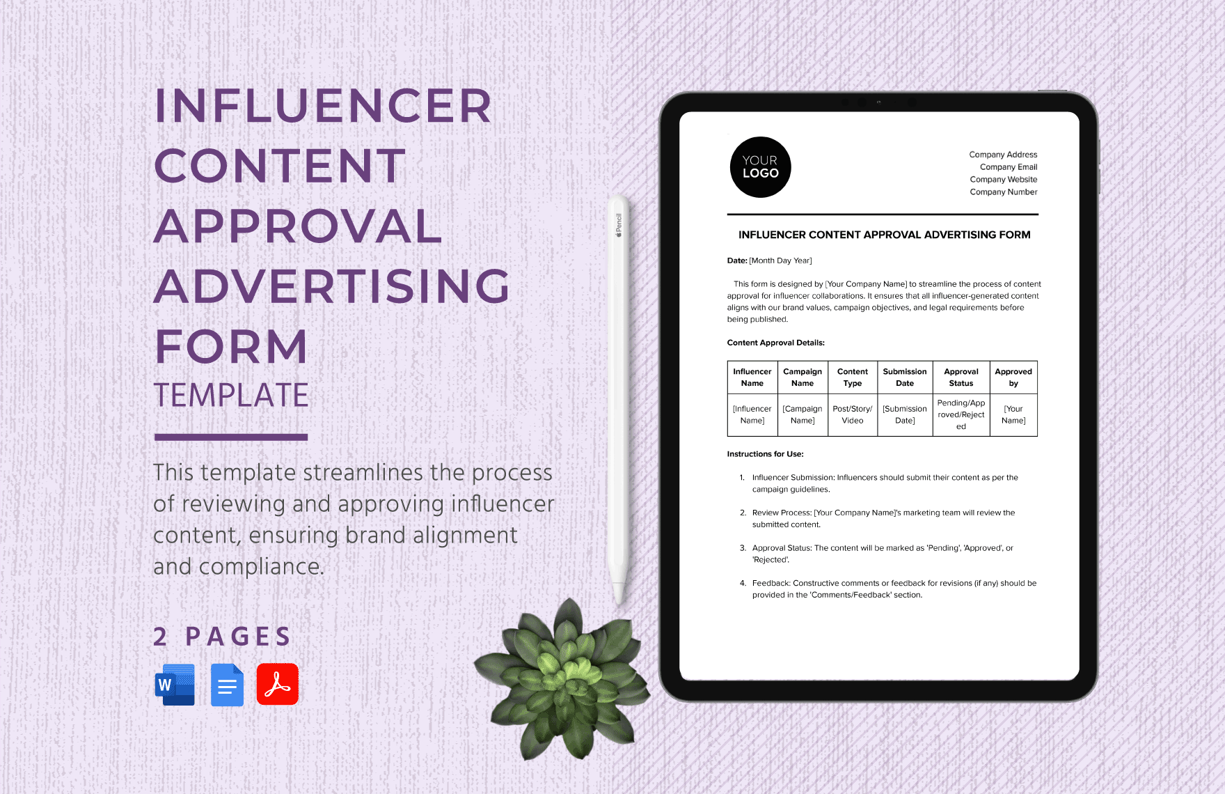 Influencer Content Approval Advertising Form Template in Word, Google Docs, PDF