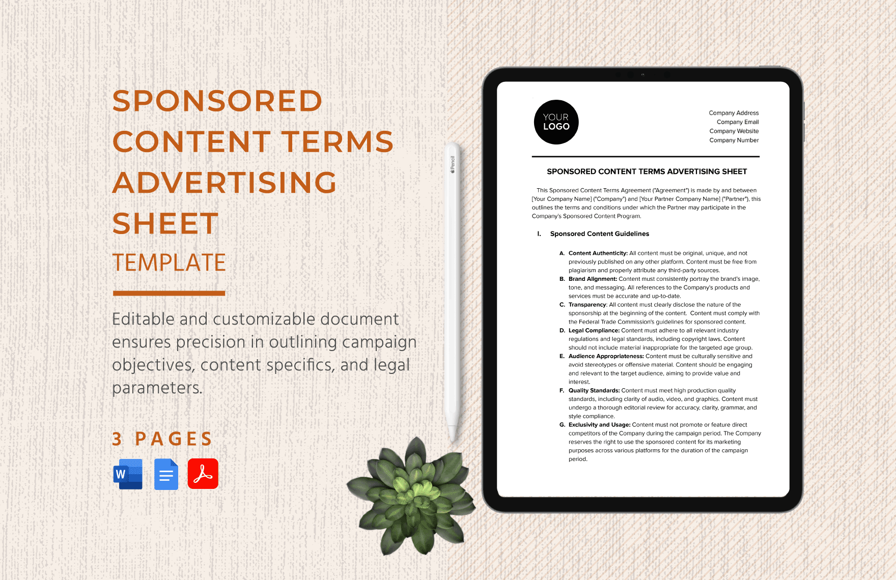 Sponsored Content Terms Advertising Sheet Template