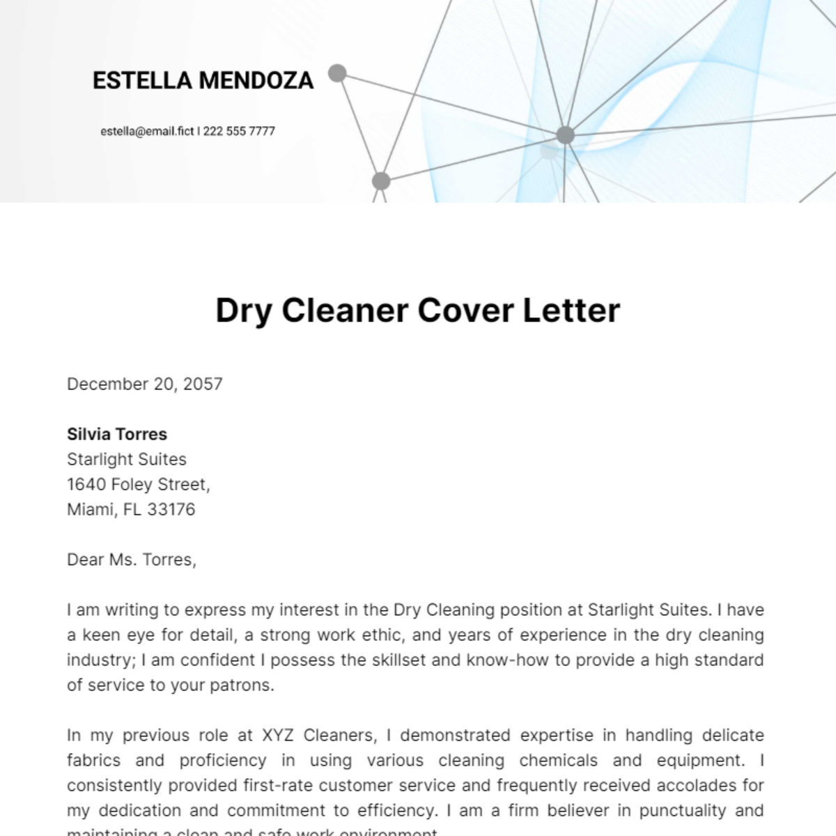 Dry Cleaner Cover Letter Template