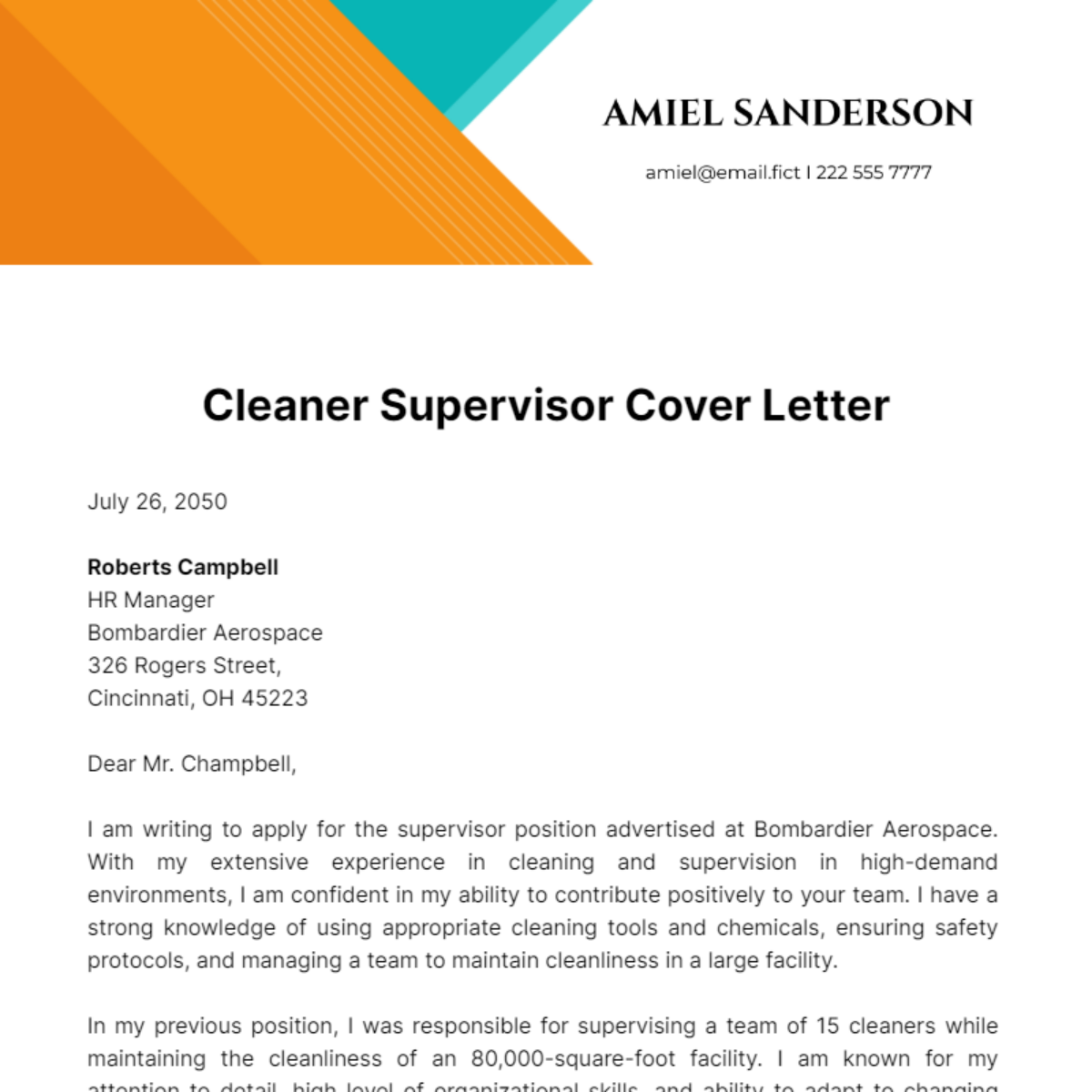 Cleaner Supervisor Cover Letter Template