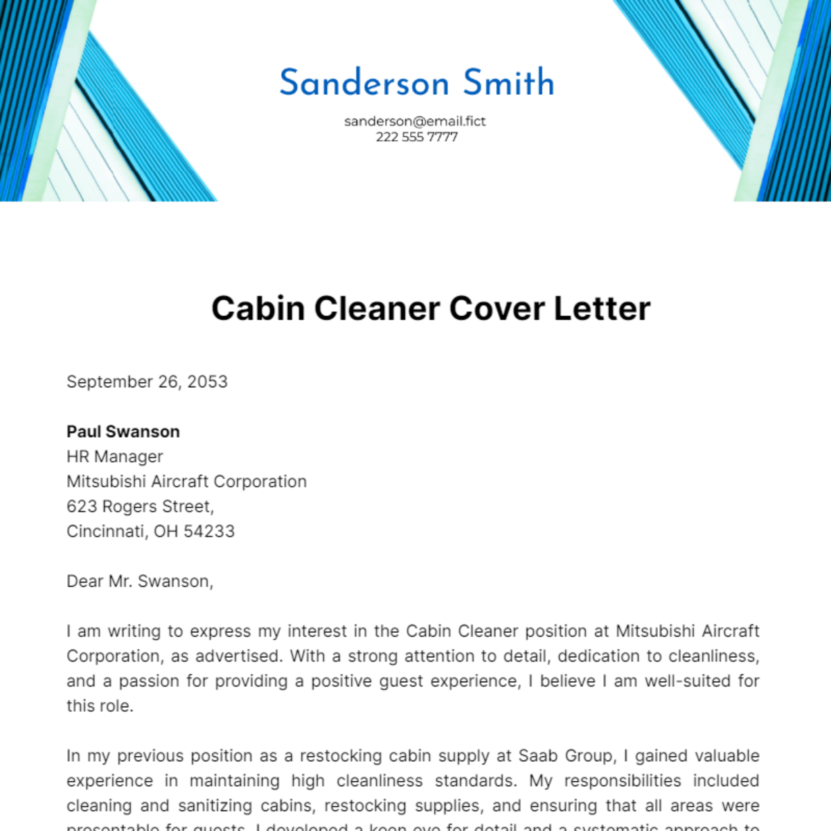 Cabin Cleaner Cover Letter Template