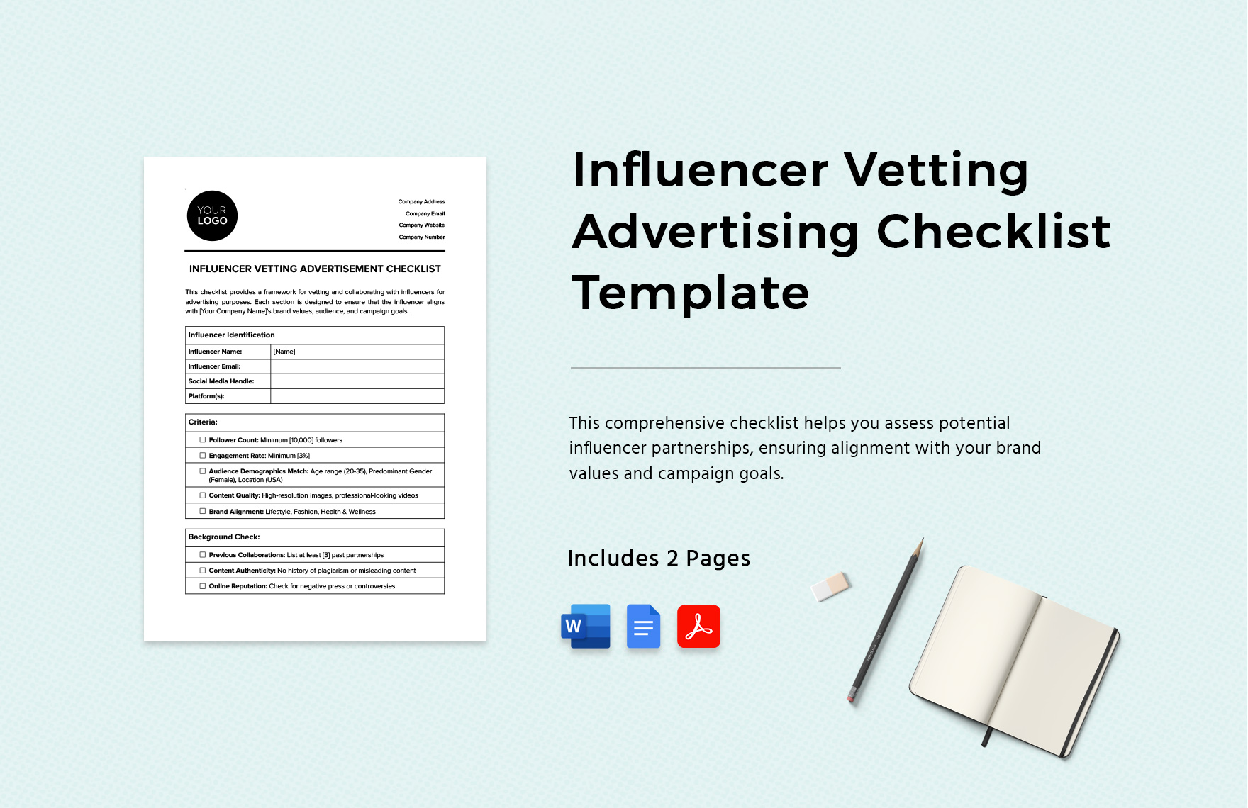 Influencer Vetting Advertising Checklist Template in Word, Google Docs, PDF
